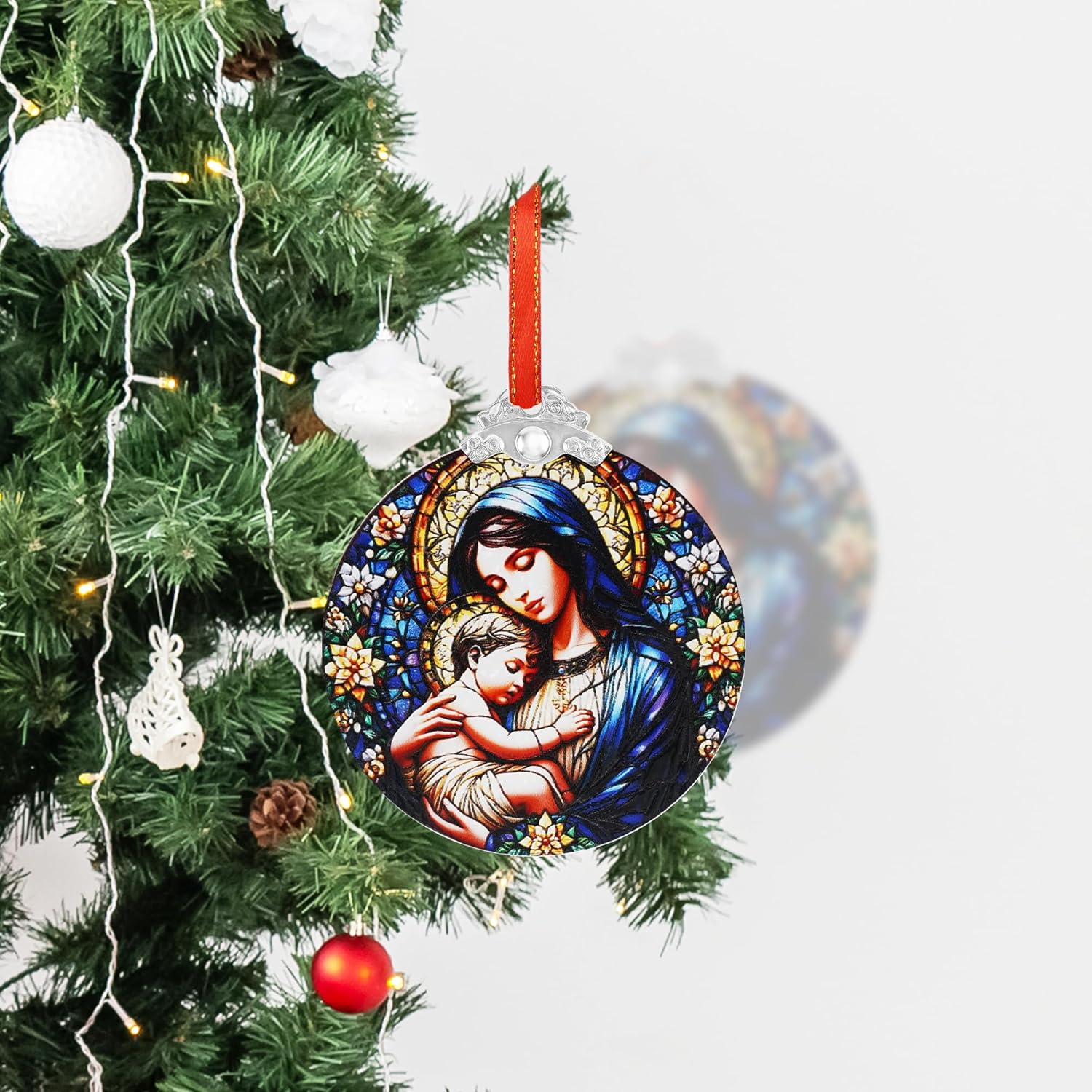 Stained Glass Christmas Ornament, Virgin Mary Hanging Decoration, Religious Christian Glass Ornament for Tree Window Car, Catholic Gifts with Box 3.15 Inch - Image 7