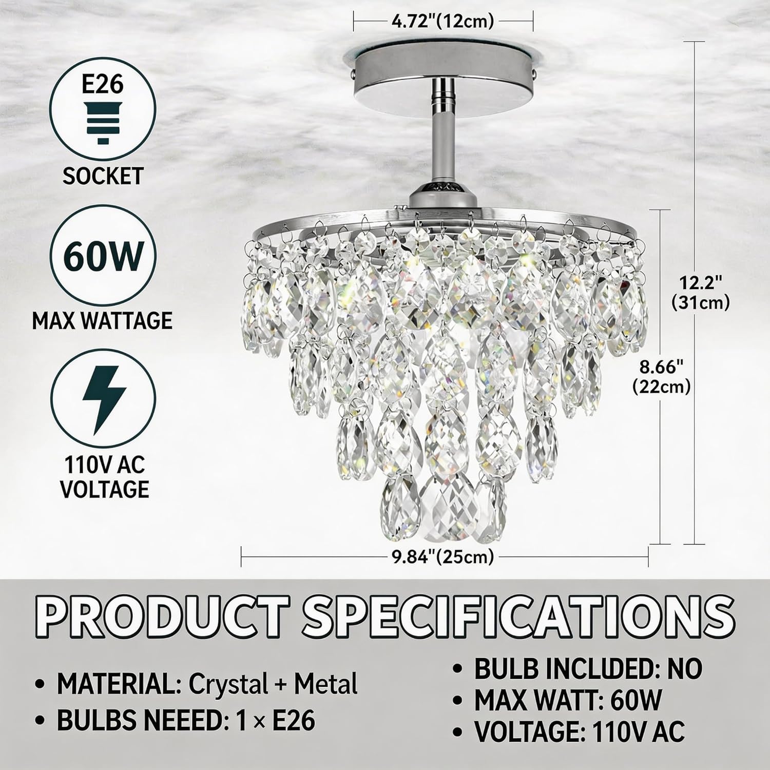 Mini Crystal Chandelier Small Modern Crystal Flush Mount Ceiling Light for Hallway Closet, E26 Base, K9 Crystal (Chrome-Ceiling)