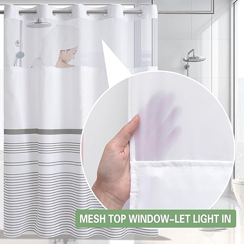 Miniatura 3 de Cortina de ducha bohemia gris y blanca, cortina de ducha de tela de hotel a rayas grises, lavable a máquina con forro extraíble para baño, bañeras,