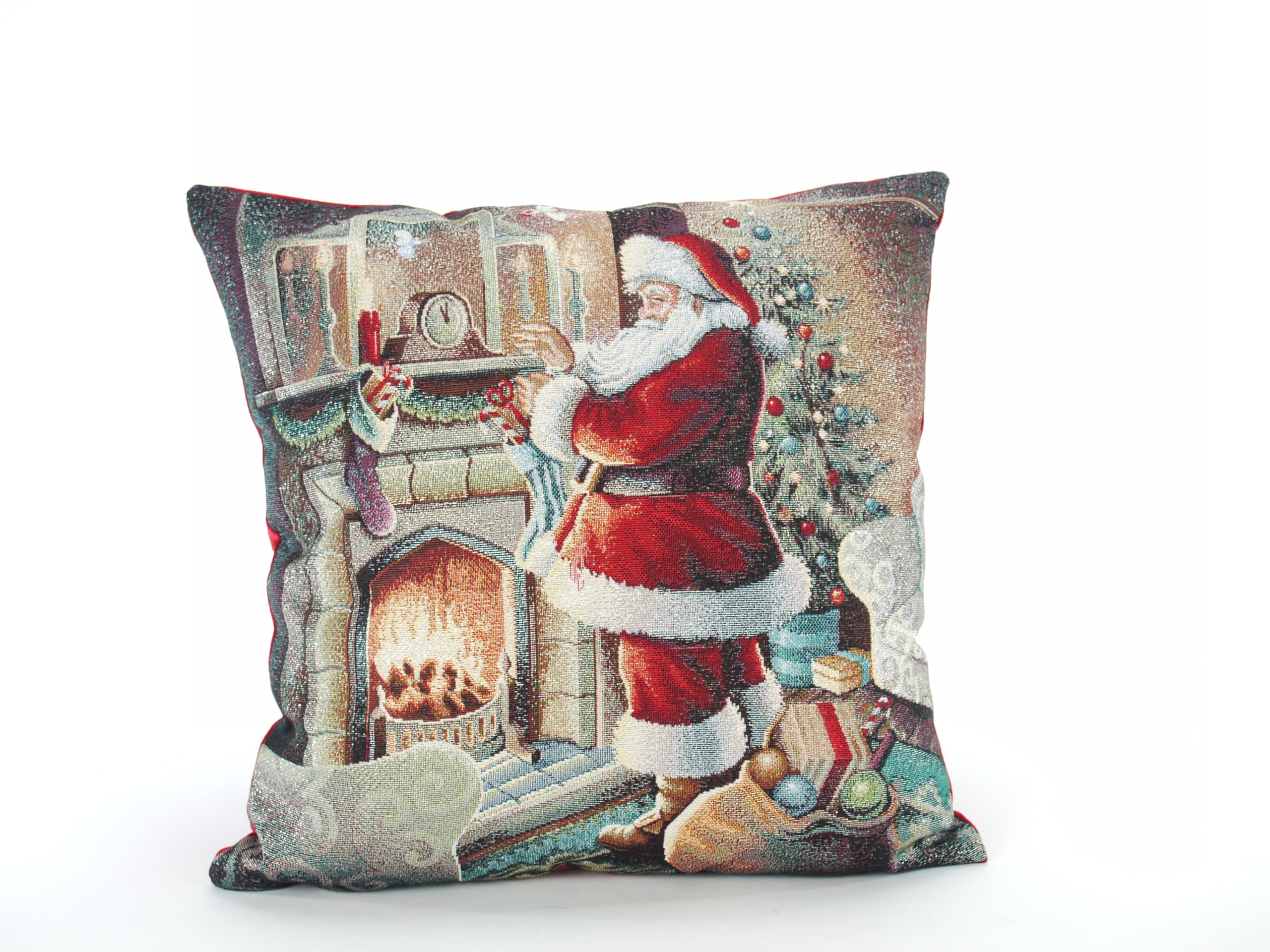 CB Home Christmas Tapestry Cushion Cover Santa by the Fire with Red velvet Reverse