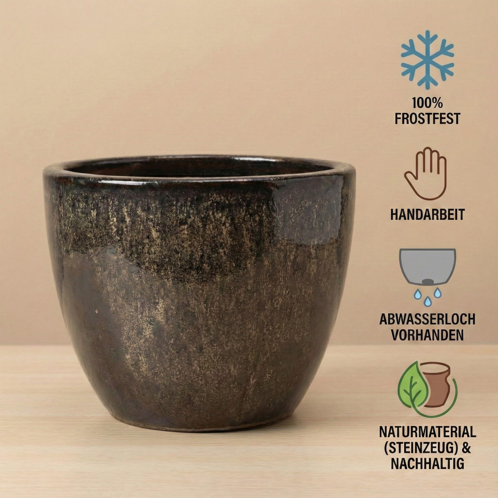 Teramico Premium Pflanzkübel Keramik glasiert – 100% Frostfest & Handarbeit. Blumenkübel mit Loch für Außen & Innen. Hochwertiger Übertopf Unikat Winterfest (Braun, 29cm x 23cm)