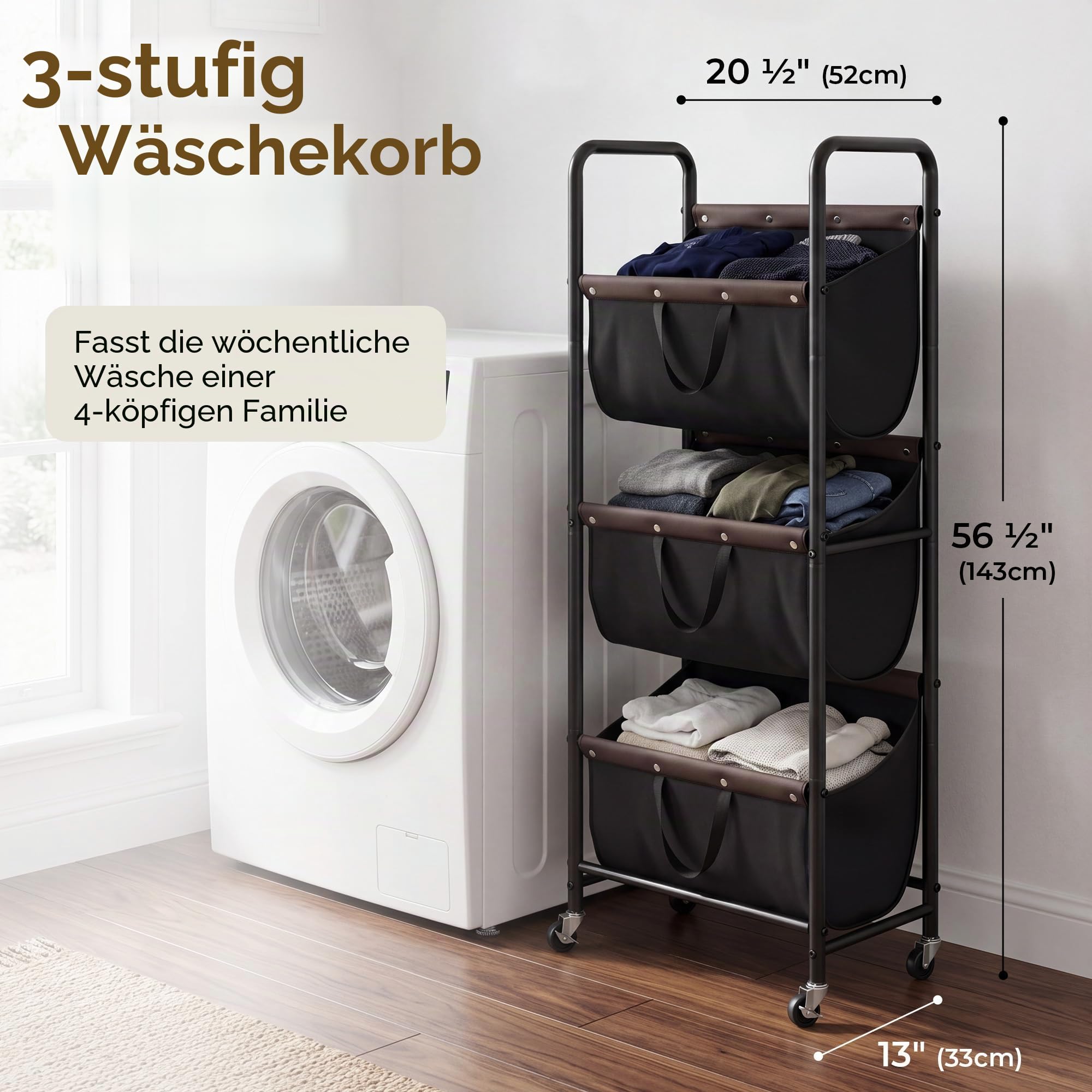 GRANNY SAYS Wäschekorb, Wäschesammler 3 fächer mit Rädern, 52x33x143 cm wäscheorganiser schmutzwäsche, wäsche sortiersystem auf Rollen für Wohnheim, Badezimmer, Schlafzimmer, Kleiderschrank, Schwarz