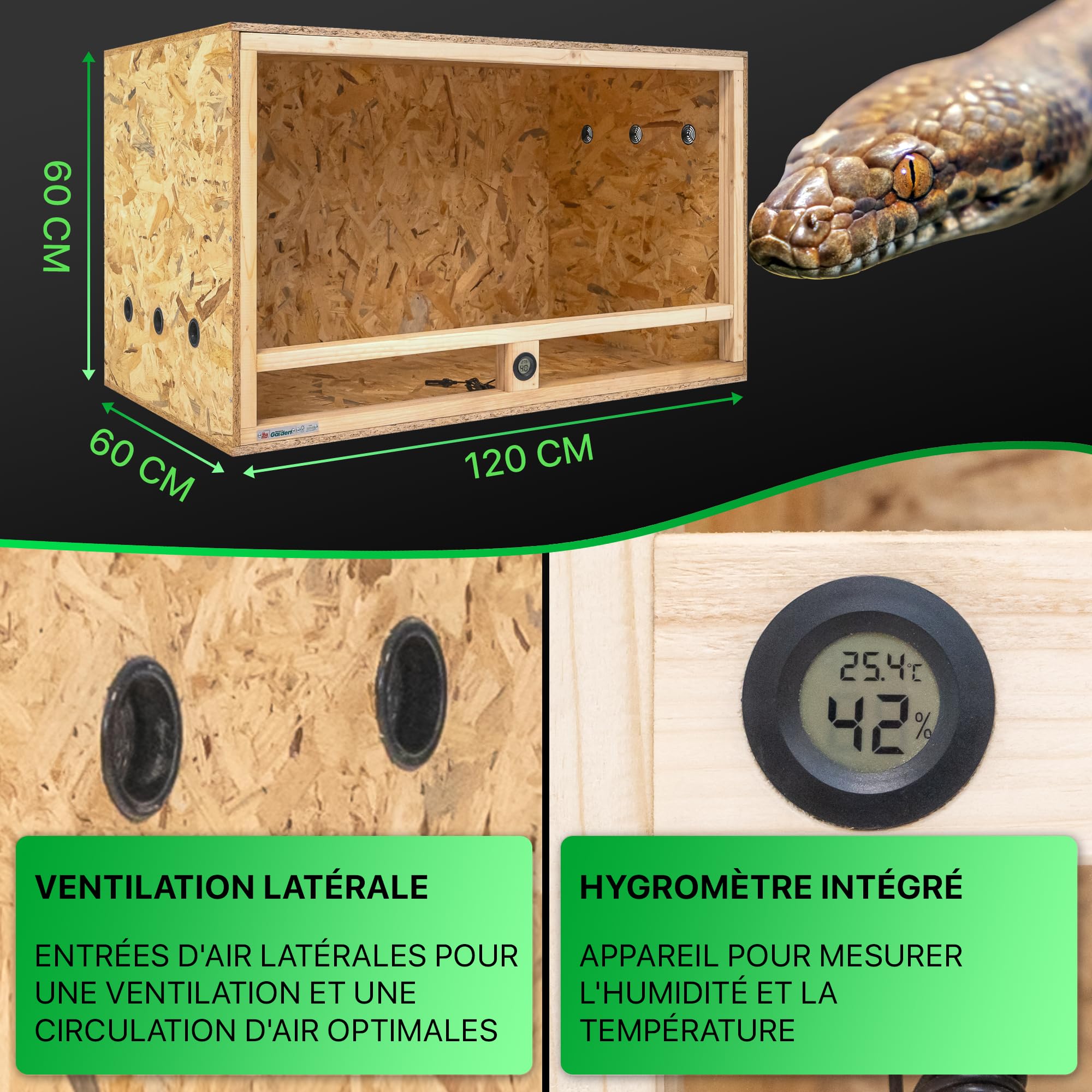 ITA Terrarium Bois 120x60x60 cm avec Ventilation latérale & hygromètre intégré - Terrarium en Bois OSB-3 - pour Reptiles, Serpents, Amphibiens - Produit UE, certifié FSC