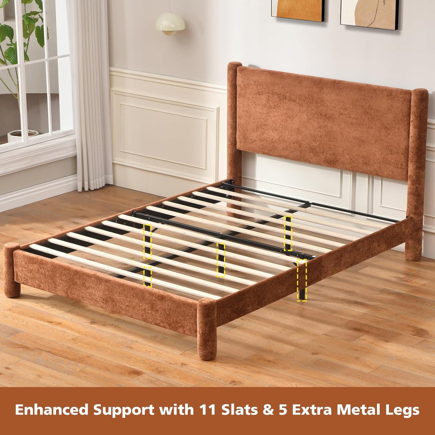 VELOCAVA Queen Size Upholstered Platform Bed Frame with Soft Rounded Corners, 44.88" Tall Headboard, Luxury Plush Velvet Upholstery, 11 Slats, No Box Spring Needed, Rust Orange