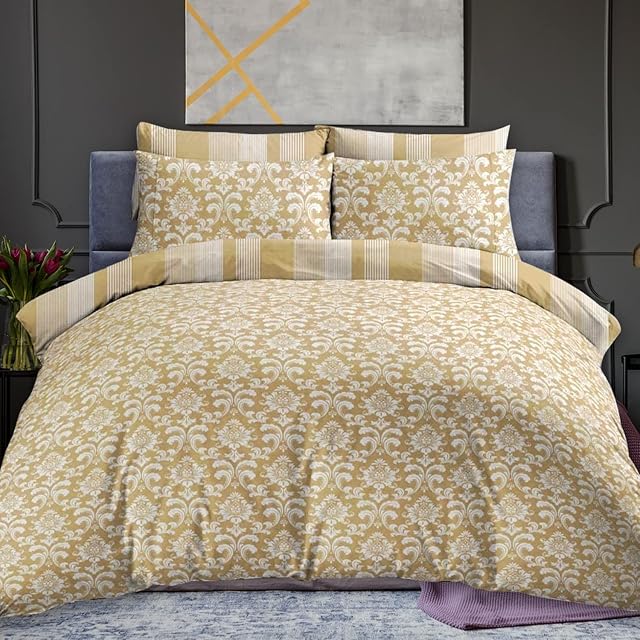 DTEX HOMES 100% Pure Cotton Printed Reversible Duvet Quilt Cover Set, Istanbul Mustard - Double