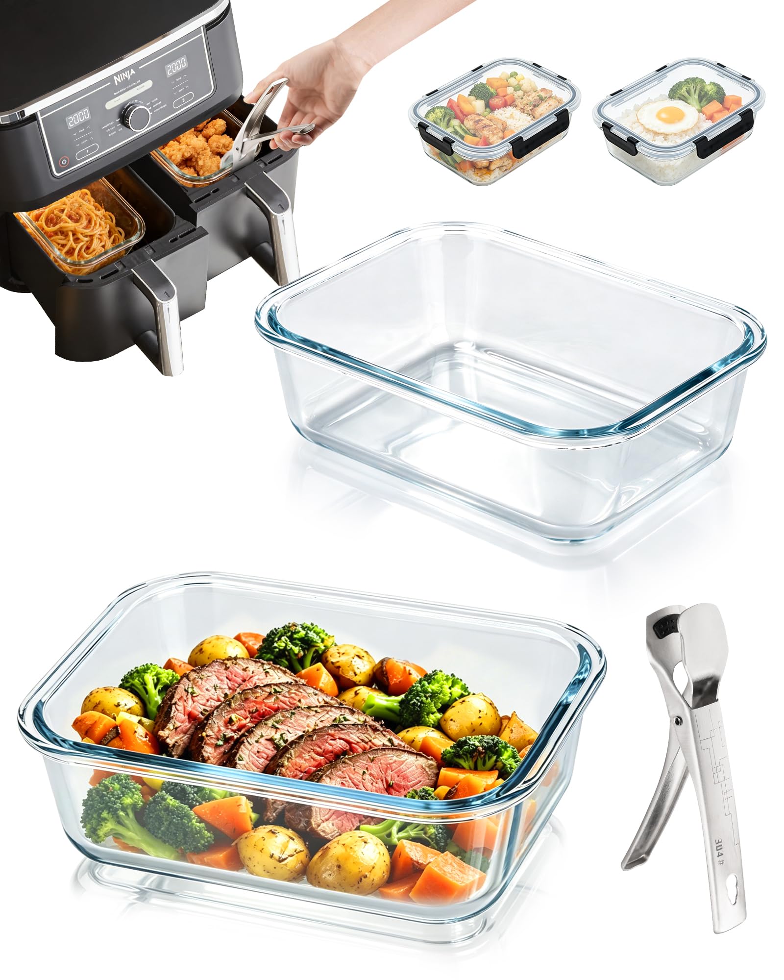 iHomara 2 Stück Glas Auflaufform Airfryer, Airfryer Zubehör für Ninja AF400EU/DZ400EU/AF500EU, Cosori, Philips uvm. Hitzebeständig, Kraztfest, Spülmaschinenfest, BPA-frei