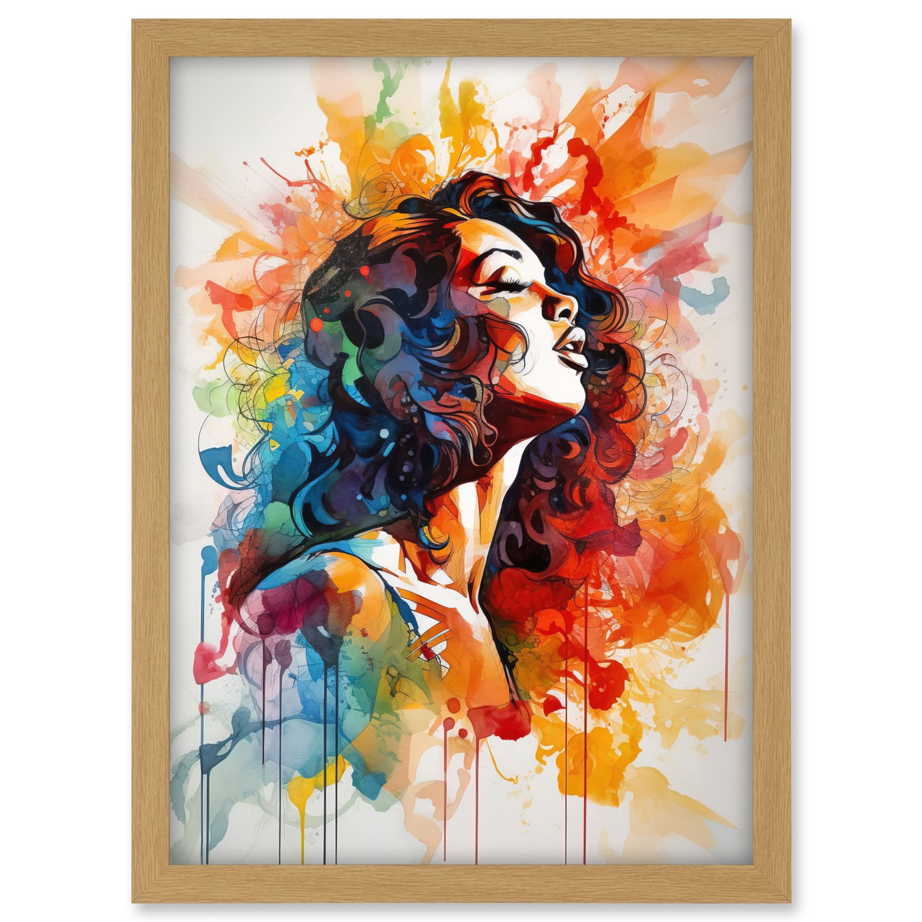 Artery8 Woman with Synesthesia Listening to Rainbow Colour Music Modern Watercolour Painting Artwork Framed A3 Wall Art Print