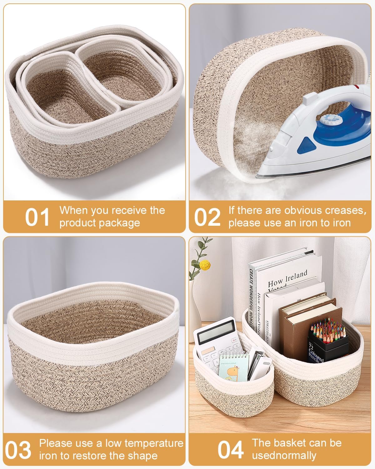 Set di 4 Birshe Cestini Portaoggetti per Bambini, Multiuso in Cotone e Corda di Cotone, Impilabili