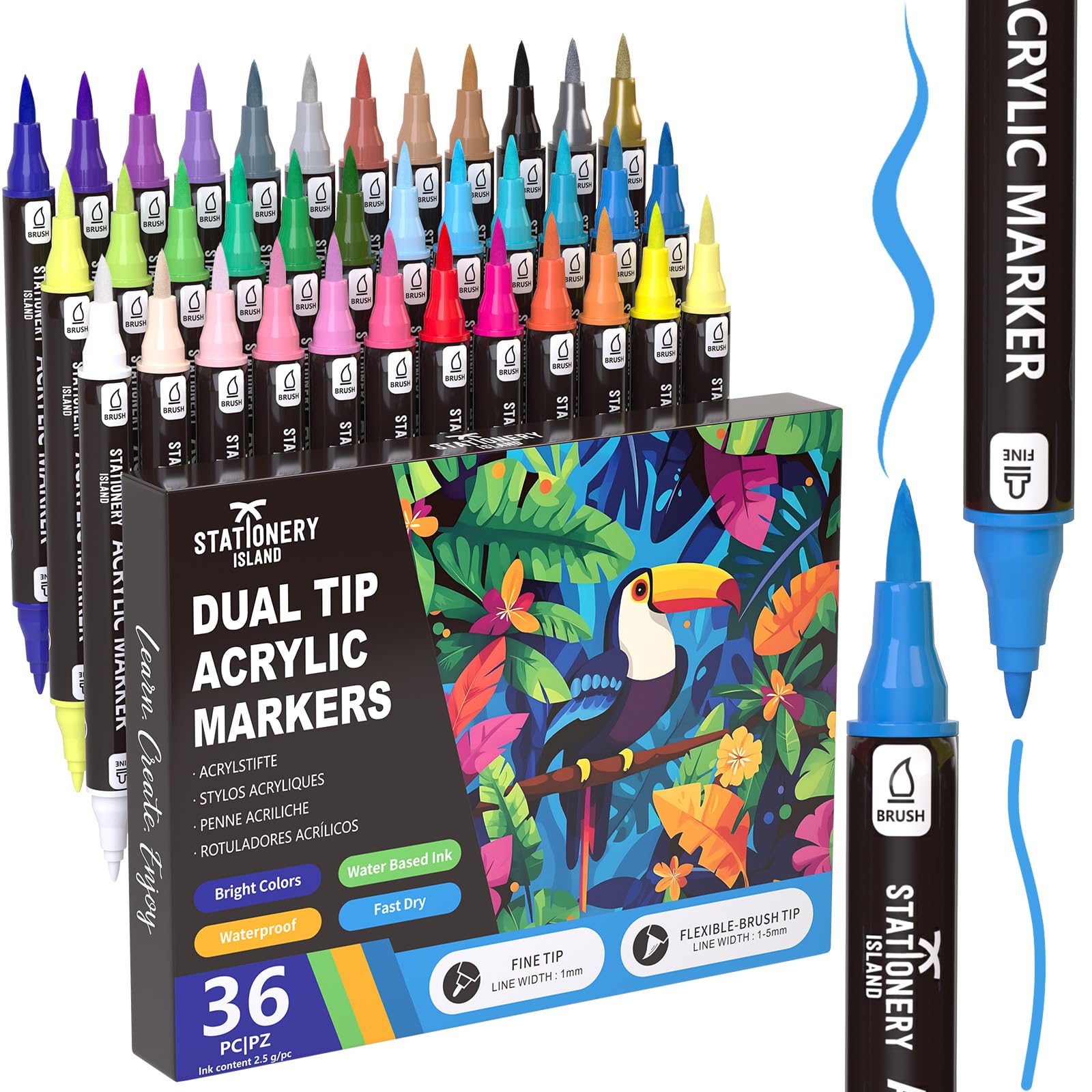 STATIONERY ISLAND Acrylstifte für Steine Wasserfest 36 Farben 1-5mm Dual Tip Acrylmarker für Halloween Basteln, Kürbis Malerei, Rock Painting, Glas, Papier, Ei, Leinwand, Keramik, Stoff, DIY Crafts