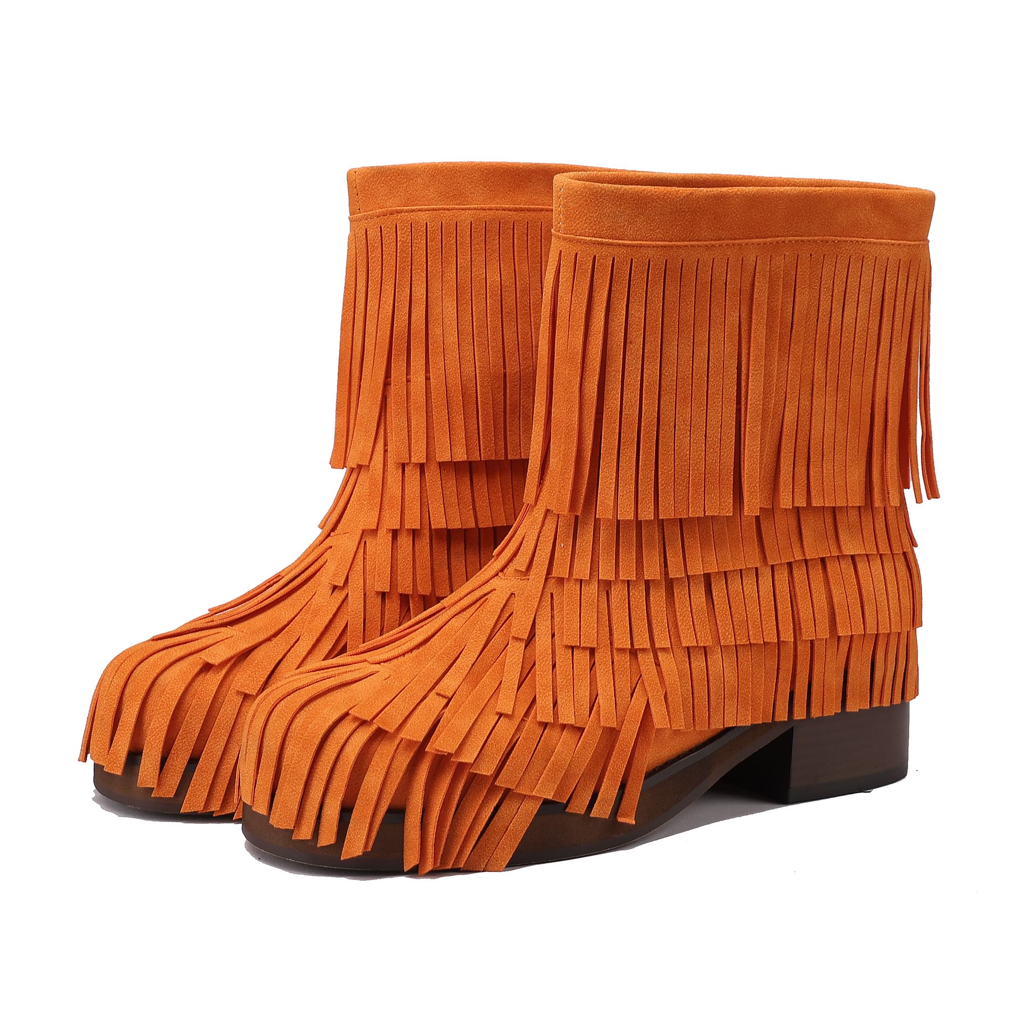 BEAUPAS Womens Fringe Ankle Boots Suede Layered Tassel Chunky Block Heel Round Toe Platform Boots