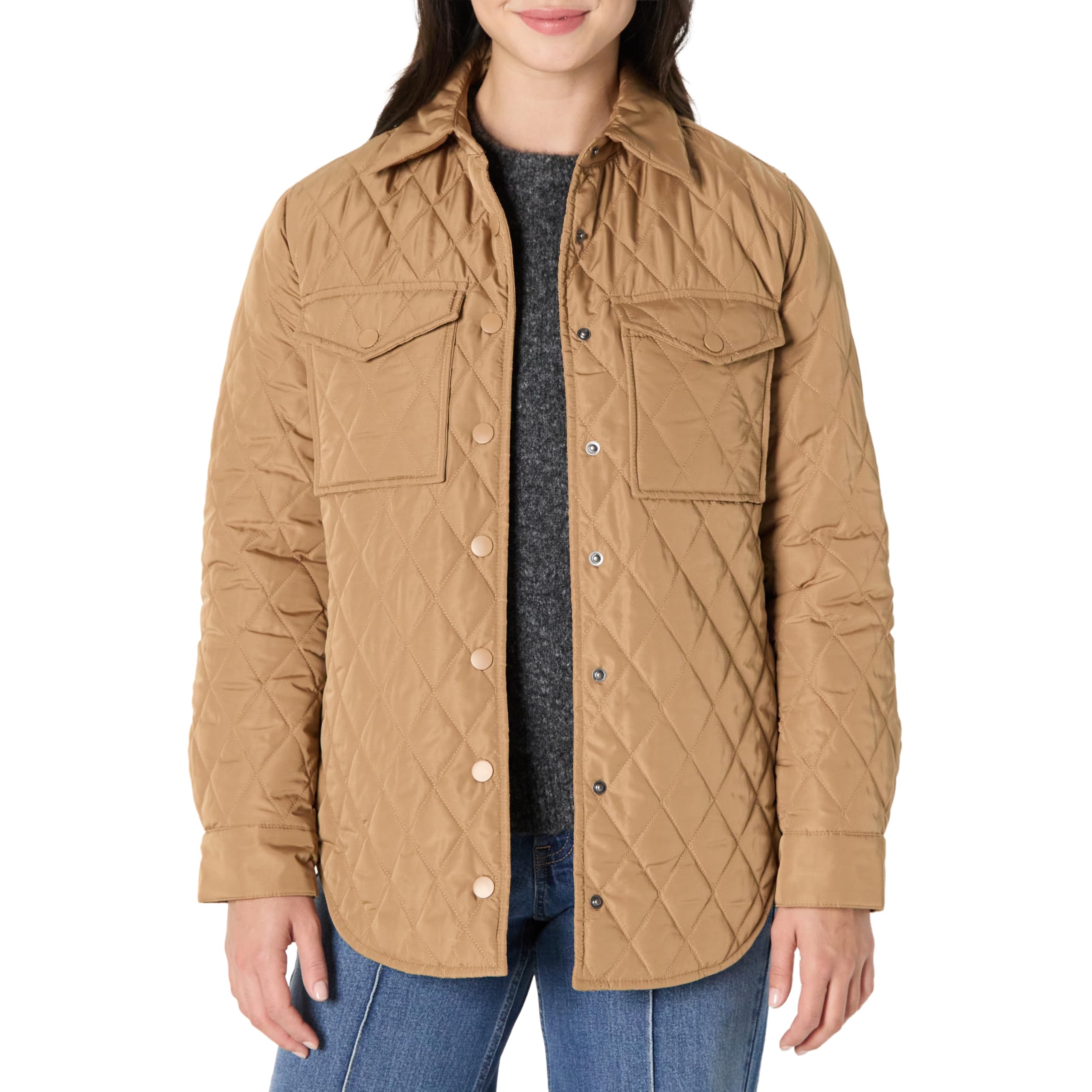 Amazon Essentials Damen Lange Relaxed-Fit-Steppjacke mit Druckknöpfen