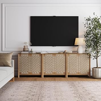 Nathan James Aerie Rustic Wood TV Stand, Boho Living Room Storage Cabinet with Seagrass Door Panels and Solid Wood Legs, Light Brown Set of 3