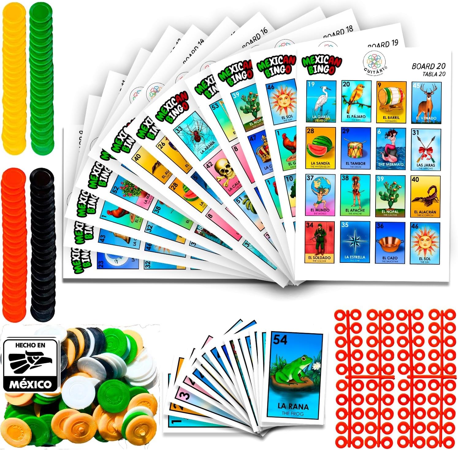 Cuitáxi Mexican Bingo Game with 100 Bingo Chips for 20 Players Made in Mexico - Mexican Gifts de lujo - Juegos de mesa - Spanish Board Games