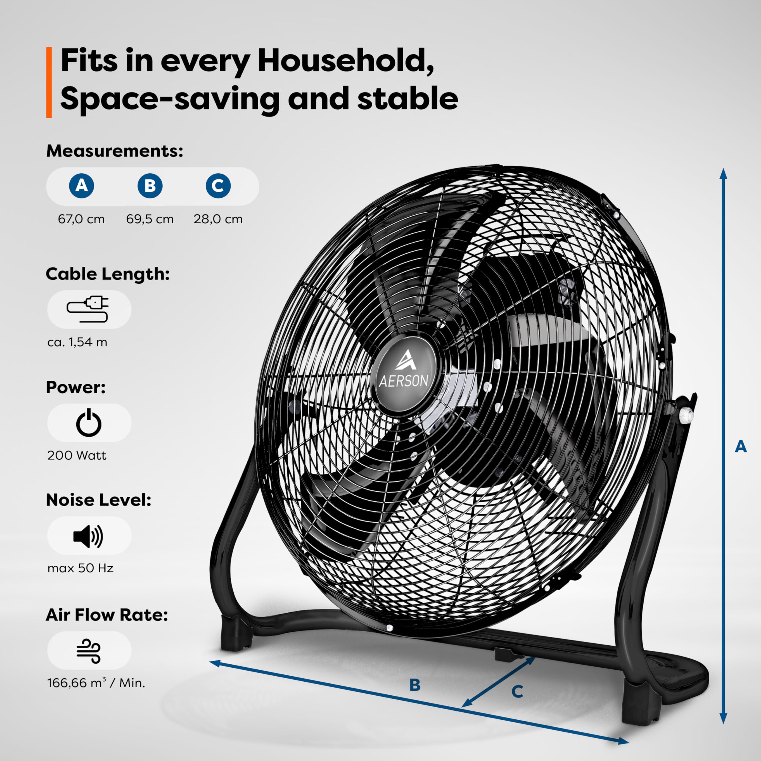 TRESKO AERSON Ventilateur de Sol 60 cm | Ventilateur sur Pied 200W | avec 3 niveaux de puissance | Débit d'air élevé | Construction robuste en métal | Inclinable à 110 degrés