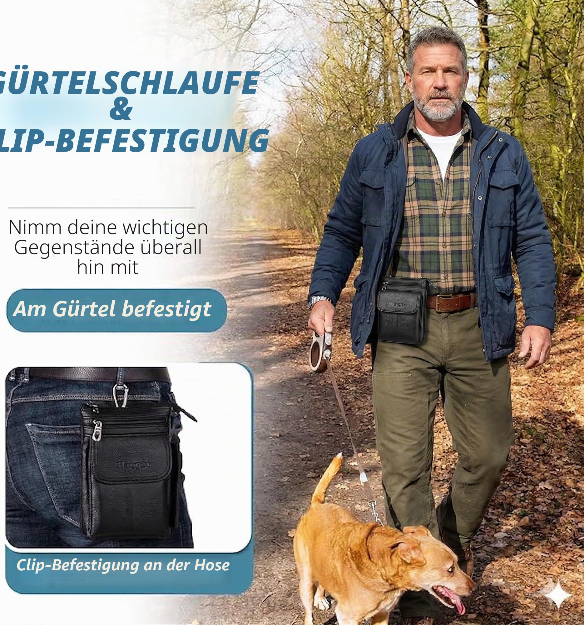 Leder Gürteltasche Schultertasche Herren Outdoor und Reisen Handy Holster Tasche Mit Gürtelschlaufe Gürtelclip und verstellbarem (Schwarz)