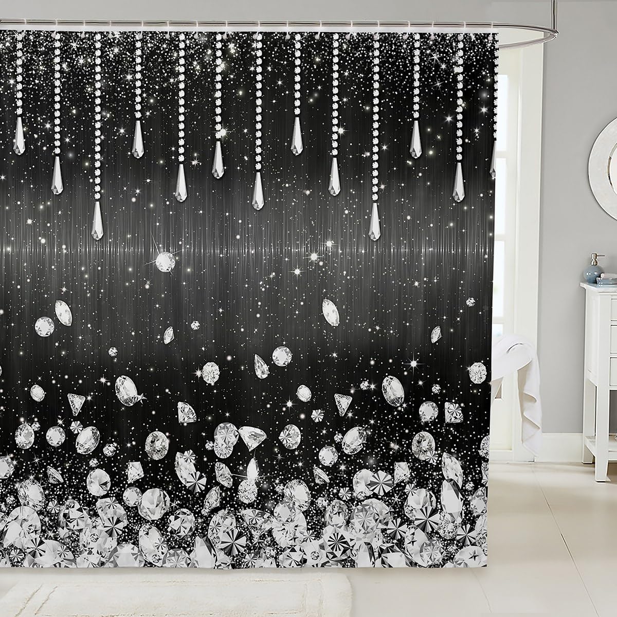 Rideau de douche romantique noir et argent avec finitions de qualité