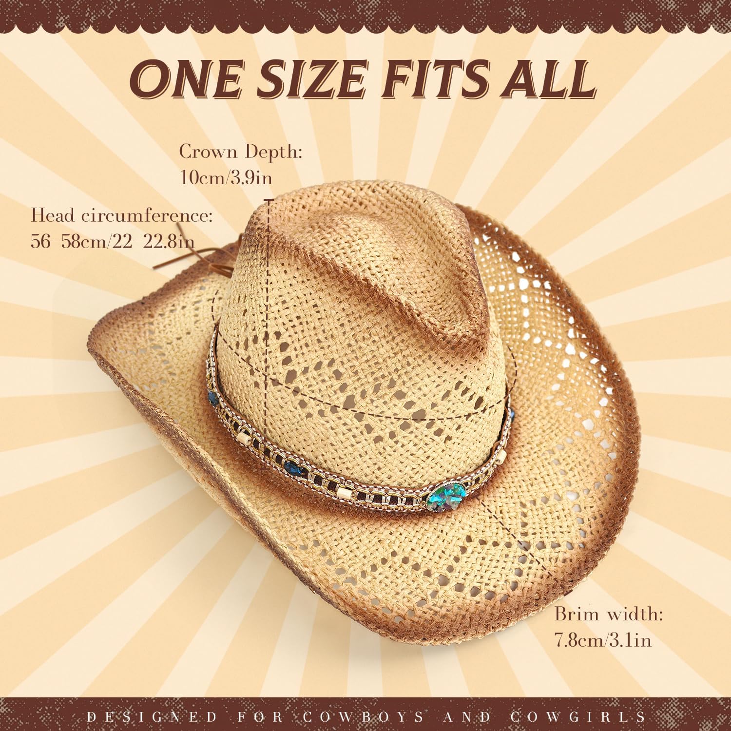 Straw Cowboy Hat for Women & Men – Breathable Woven Sun hat with Decorative Band, Adjustable fit, UV Protection – Perfect for Beach, Festival, Hiking, Country Concerts (Smoked Edge)