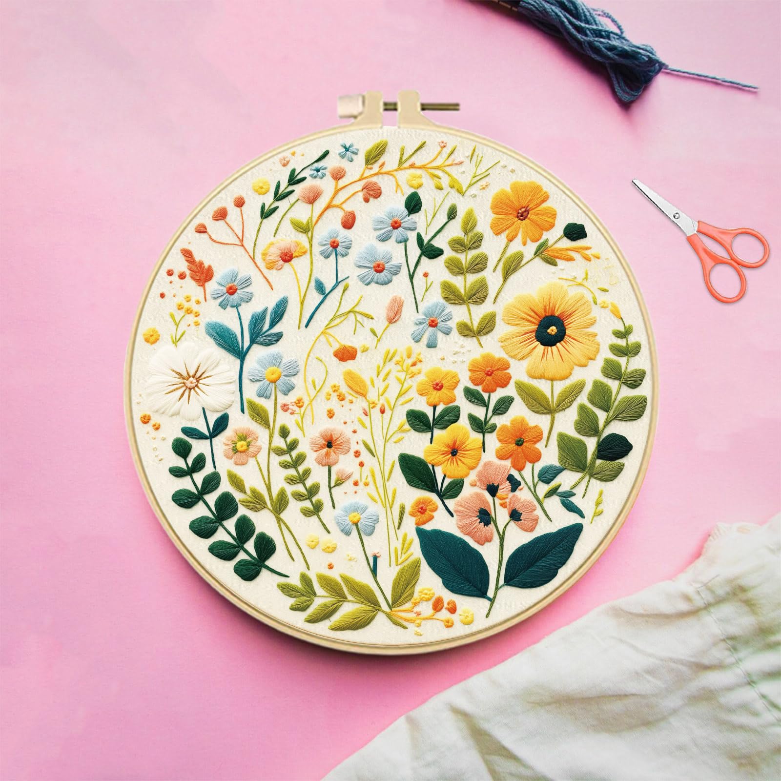 FREEBLOSS 5 Set Mit 11.6" Sticksets Für Anfänger Nadelspitzen Stickerei Starter Set Mit Kleinen Gestempelten Blumenmustern Anleitung Farbige Fäden 2 Reifen