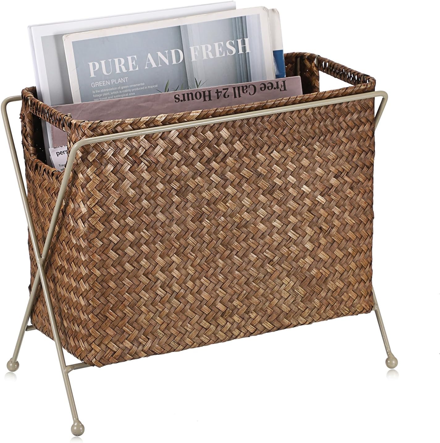 BTSKY Handwoven Seagrass Magazine Holder with Metal Rack - Stylish Mail File Organizer Basket for Office, Living Room, Dorm, Bathroom (12x5.7x8.7")