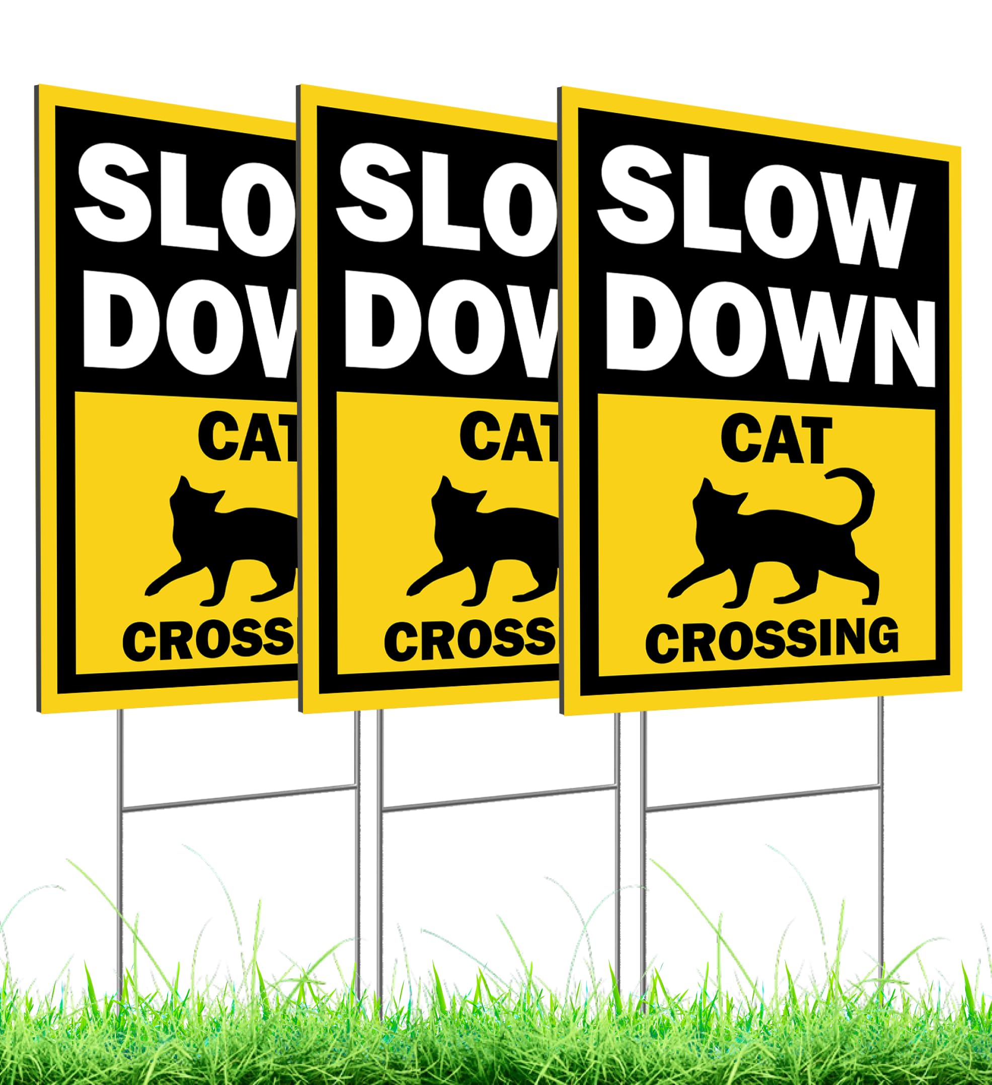 Set of 3 Double Sided 12x16 Inches Slow Down Cat Crossing Sign with Metal Wire H-Stakes - Slow Down Caution Sign For Neighborhoods Yard Farm - Plastic Decorations Animal Crossing Signs