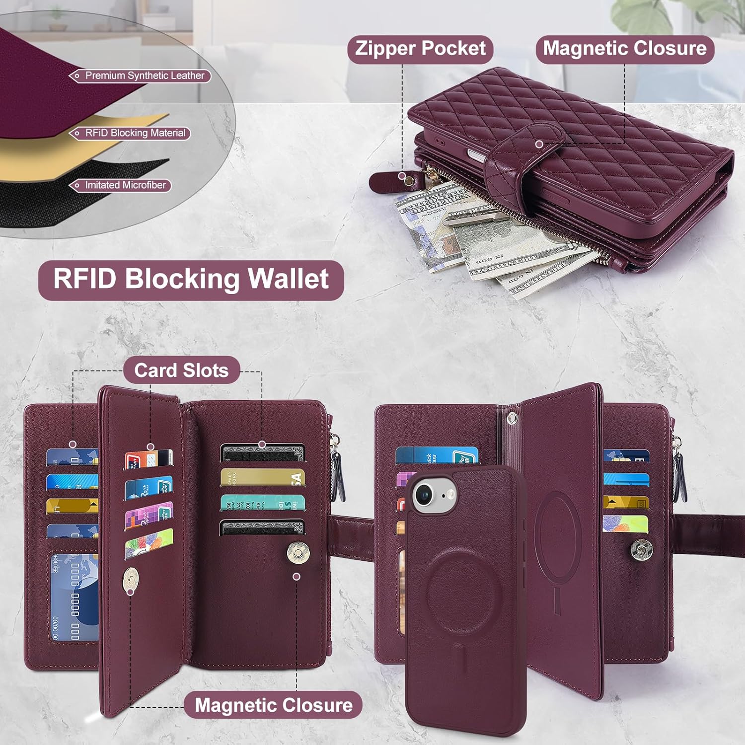 Harryshell 2 in 1 for iPhone 16e / 17e Wallet Case Magnetic Compatible with Magsafe RFID Blocking Card Holder Detachable Phone Cover Zipper Purse Kickstand Wrist Strap for Men Women Quilted Burgundy