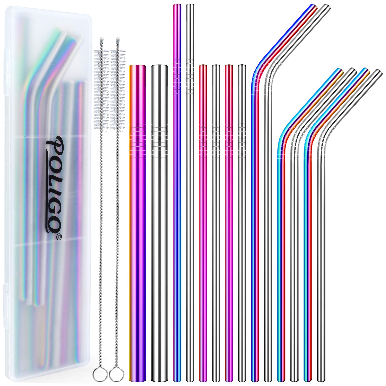 POLIGO 16pcs Reusable Stainless Steel Straws, Colorful Rainbow Drinking Straws, Iridescent Metal Straws with Portable Case and Cleaning Brushes for 20, 30 Oz Yeti Tumbler, Smoothies and Bubble Tea
