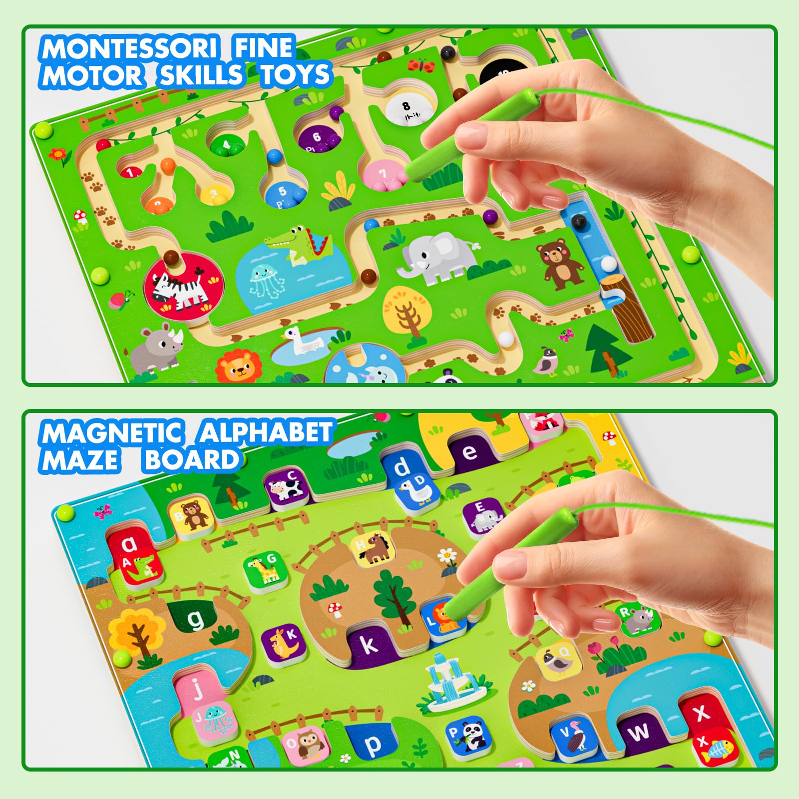 Magnete magnetico 2 in 1 per labirinto con numeri e colori, alfabeto con dinosauri, puzzle su entrambi i lati, abilità motorie, giocattoli montessori prescolari, regali per ragazzi e ragazze dai 3 ai