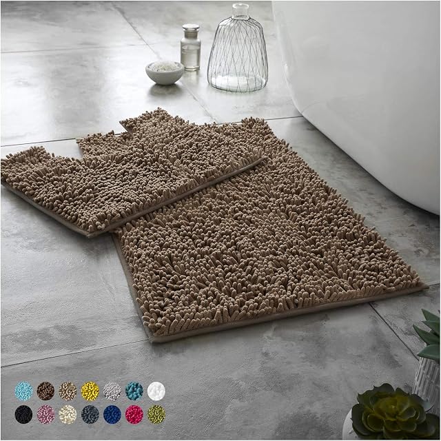Lions Luxury Loop Bath Mat Sets 2 Piece for Bathroom - Slip-Resistant Chenille Bath Mats Rugs, Extra Soft and Absorbent Pedestal Bathmat Toilet Shower, Latte