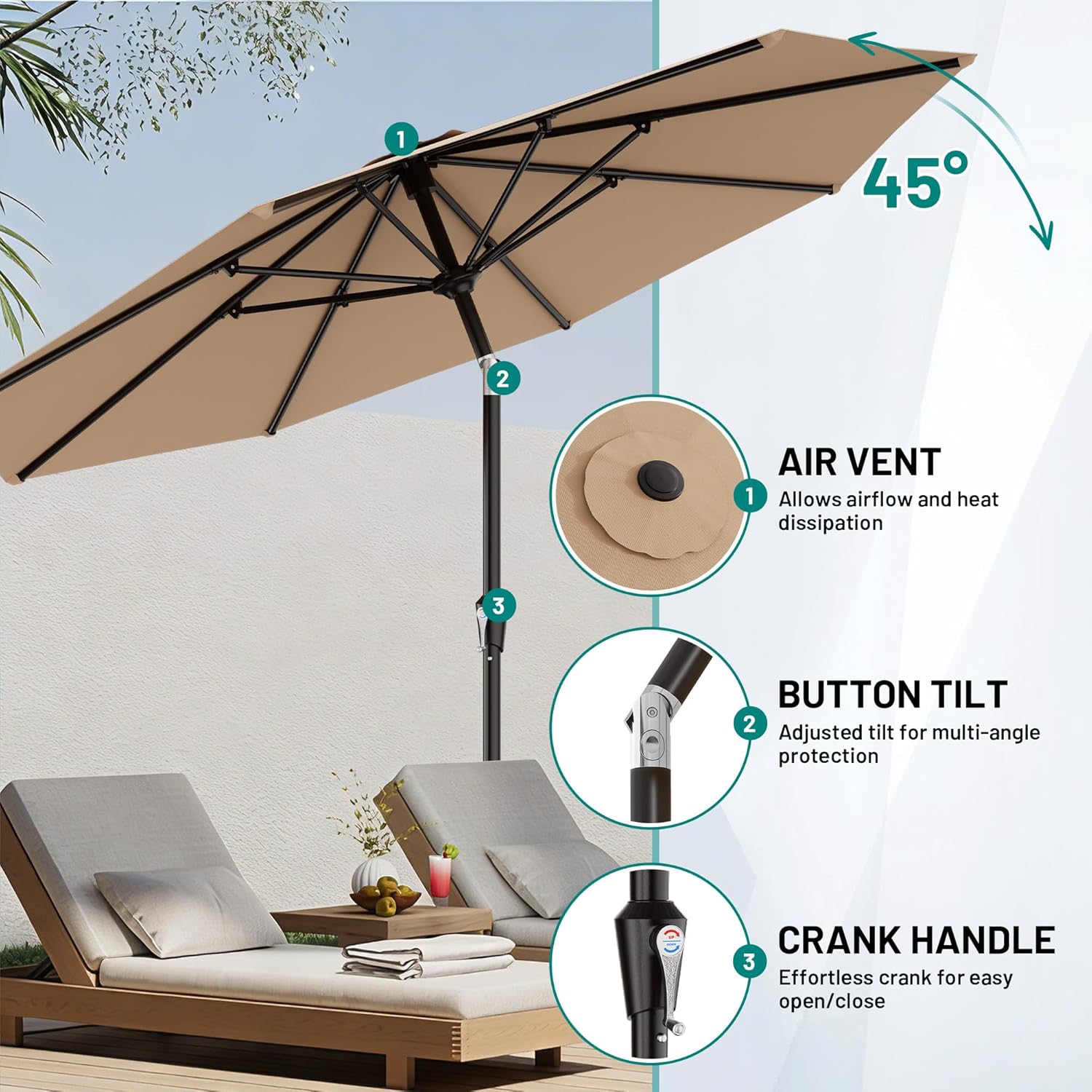 AreShark 9 FT Patio Umbrella for Outdoor, Outdoor Umbrella with Push Button Tilt and Crank, Outdoor Patio Umbrellas with 8 Sturdy Ribs for Market, Garden, Deck, Backyard, Pool (Beige) - Image 5