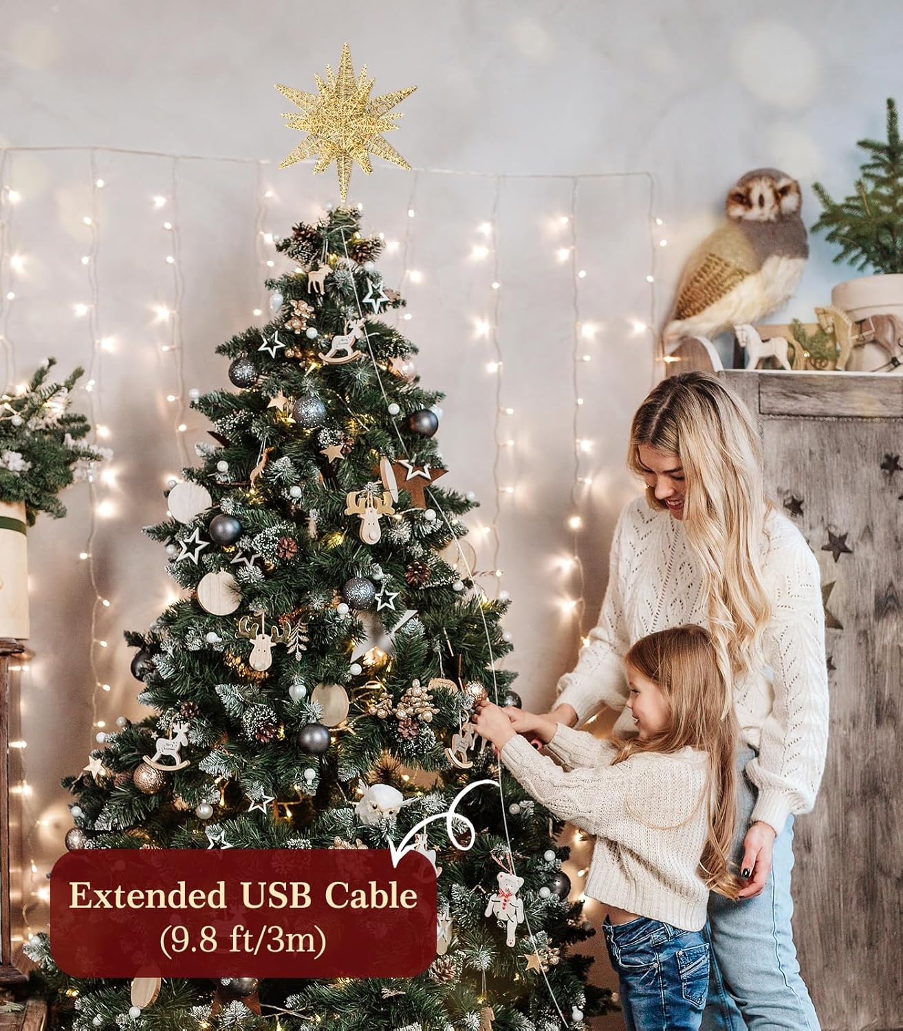 Luxspire Christmas Tree Topper, Double-Layer Glitter Metal 3D Lighted Tree Topper with USB Plug in & Remote Control, 10.6" Christmas Decorations Lights for Home Party, Hexagram-Champagne Gold