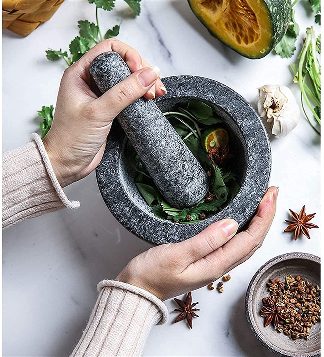 Ensemble mortier et Pilon en marbre Naturel, Bol à Guacamole, mortier Manuel rétro