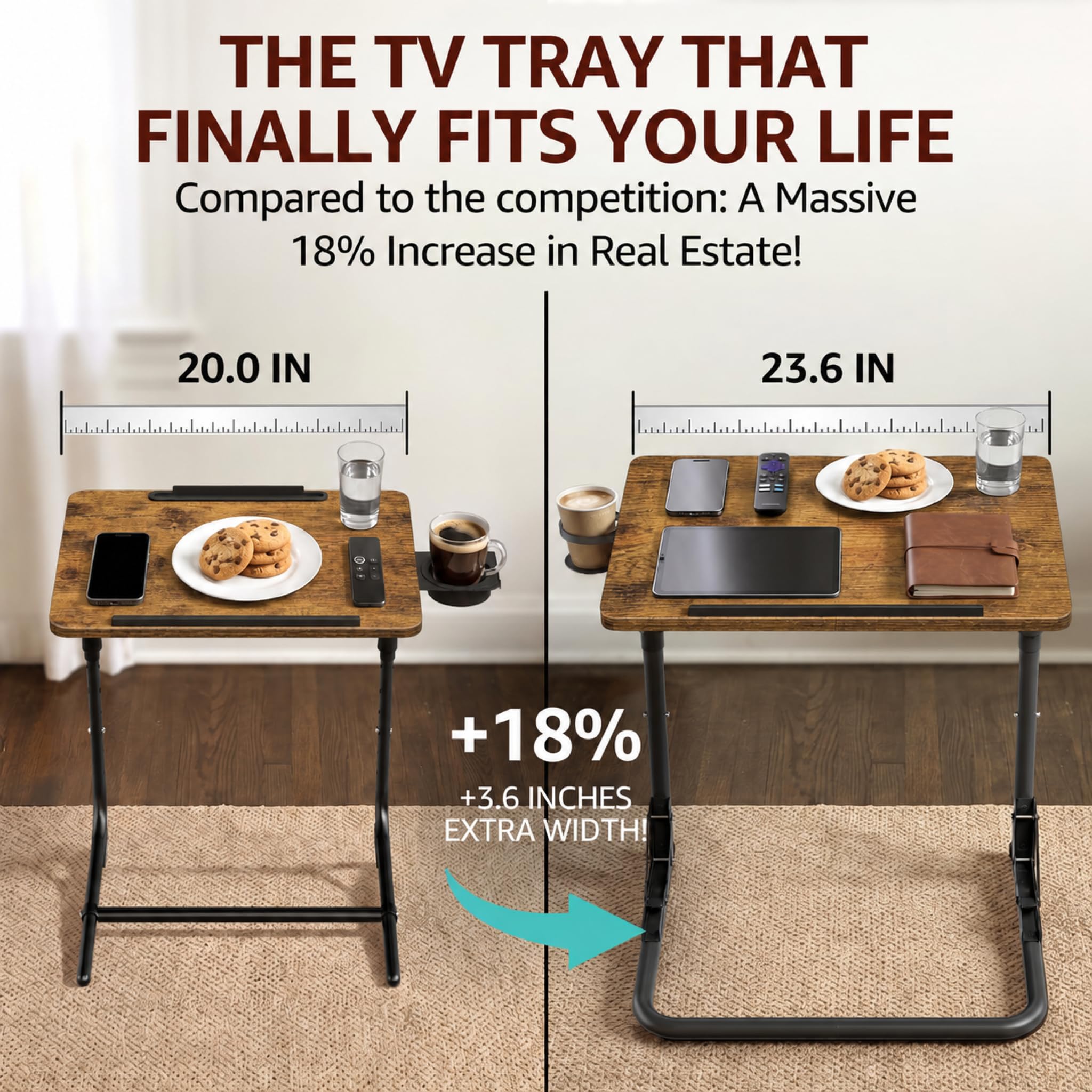 Tavolino pieghevole per TV – Tavolino rustico regolabile in altezza, vassoio portatile in legno per mangiare sul divano, supporto per laptop con portabicchieri, scrivania pieghevole a forma di C