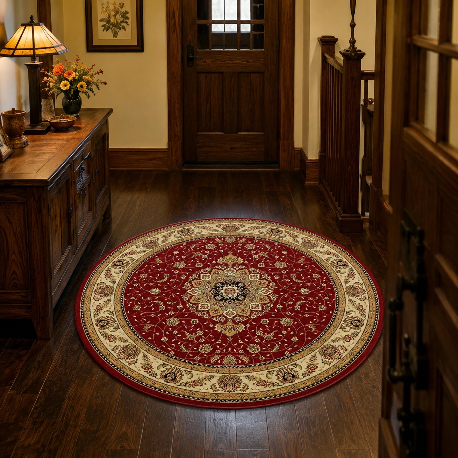 Tapis rond oriental rouge de 90cm pour esthétique de chambre et séjour
