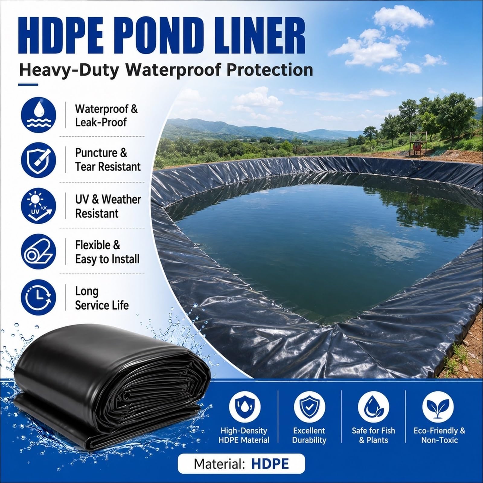 Épaisse Bâche Bassin Extérieur, Imperméable & Résistant Liner Bassin Extérieur, Épaisseur de 0,2 mm, PEHD Bâche Noire Agricole pour Bassins Piscicoles, Talus, Toiture & Stockage d'eau(5x9m)