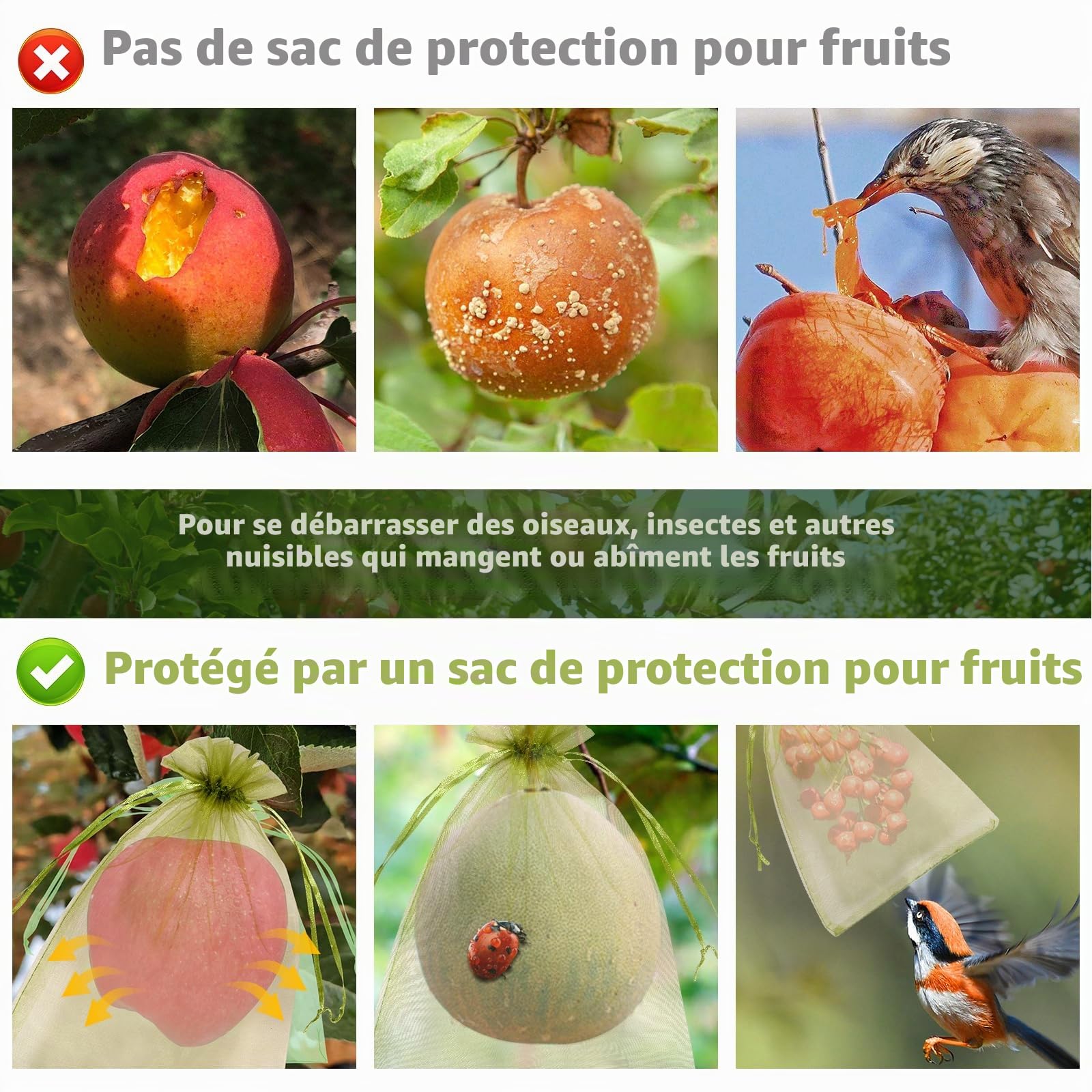 Sacs de protection pour raisins avec cordon de serrage 100 pièces - Réutilisables et respirants pour fruits (23 x 17 cm)
