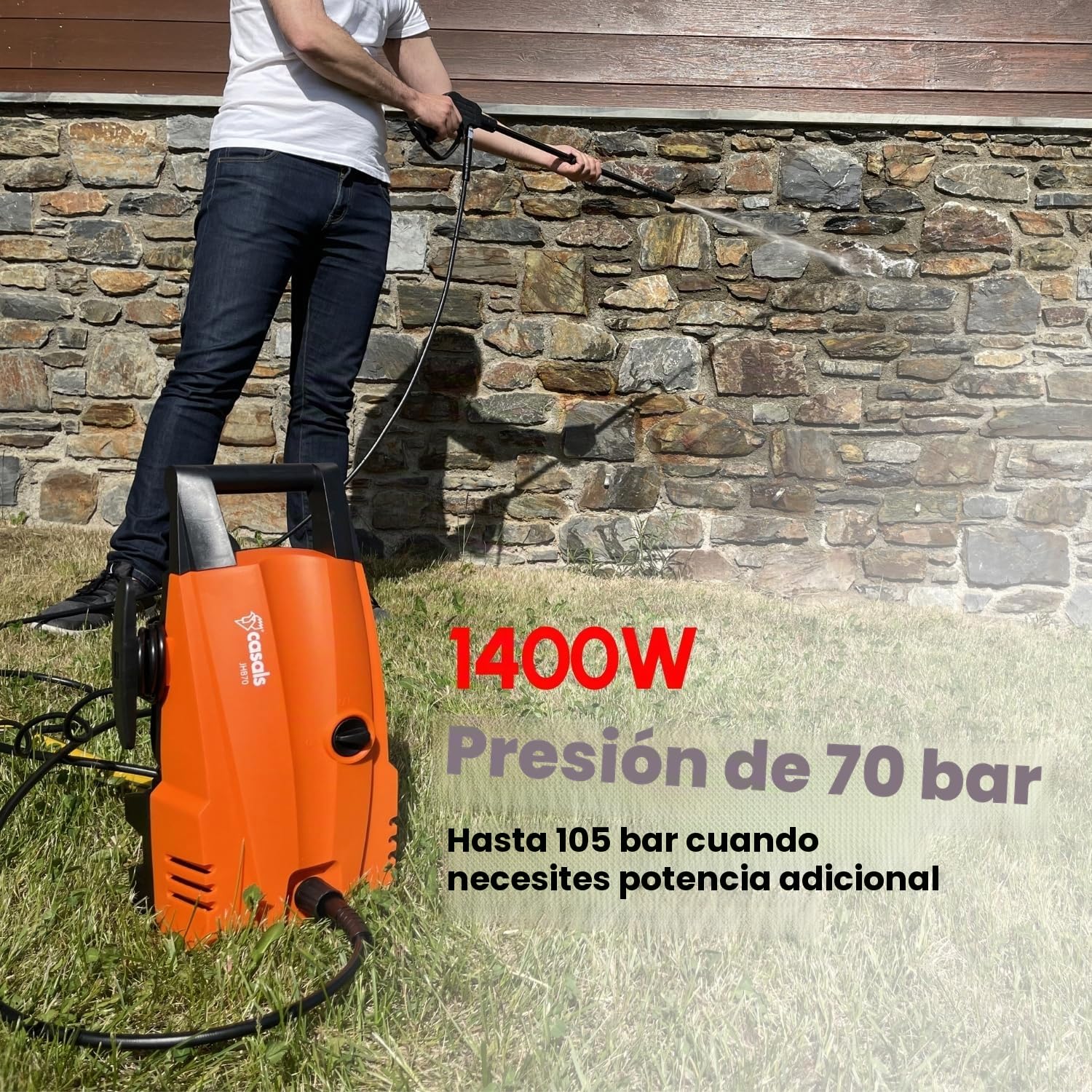 CASALS - Hidrolimpiadora de Alta presión 1400 W con caudal de 375 L/H y 105 Bares de presión | Deposito para detergente hidrolimpiadora | Pistola de Agua a presión Ideal para Suelo terraza Exterior