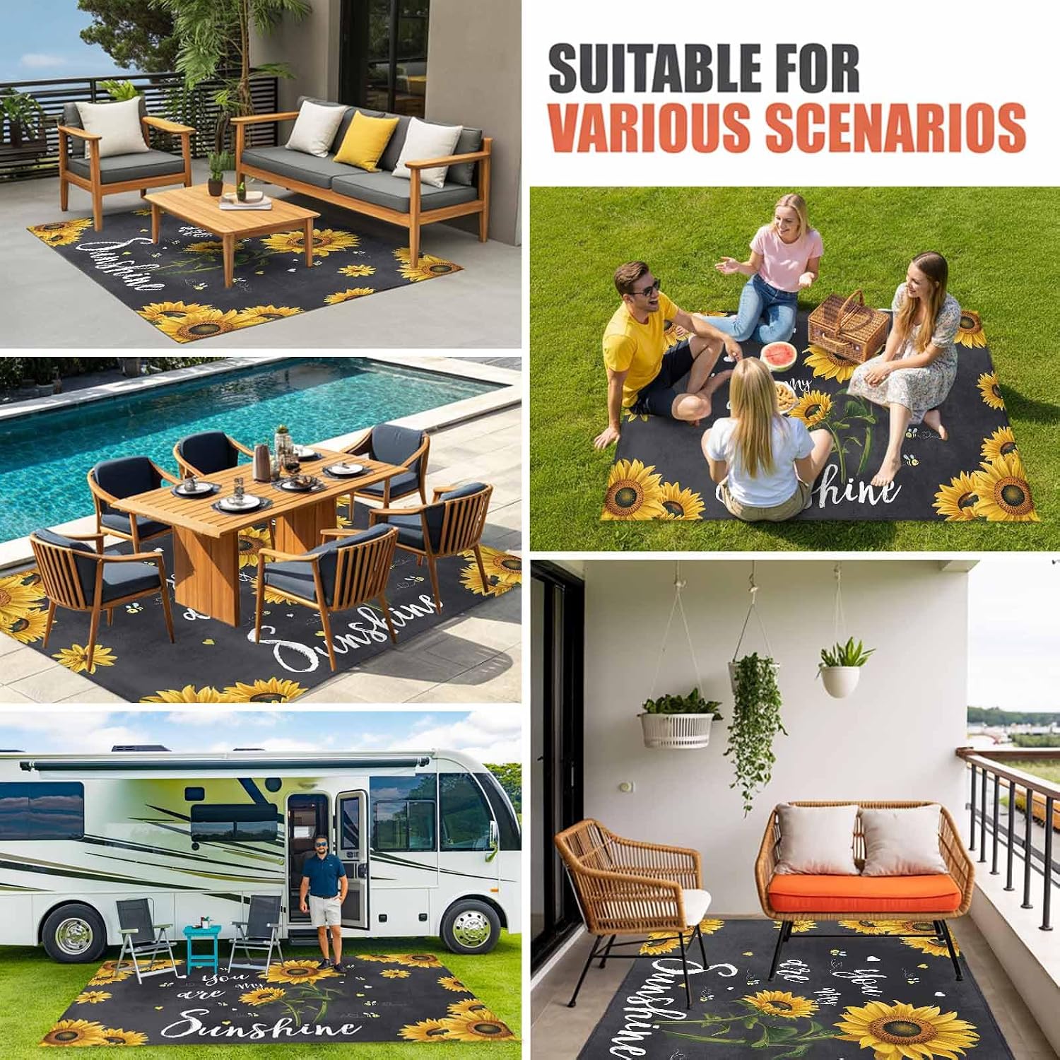 Outdoor Rug 6x9 ft Yellow Sunflower Bees Outdoor Large Area Rug Non Slip Rubber Floral Black Washable Front Door Mat RV Rug Camping Carpet Patio Outdoor Rugs for Backyard Balcony Deck Porch Indoor