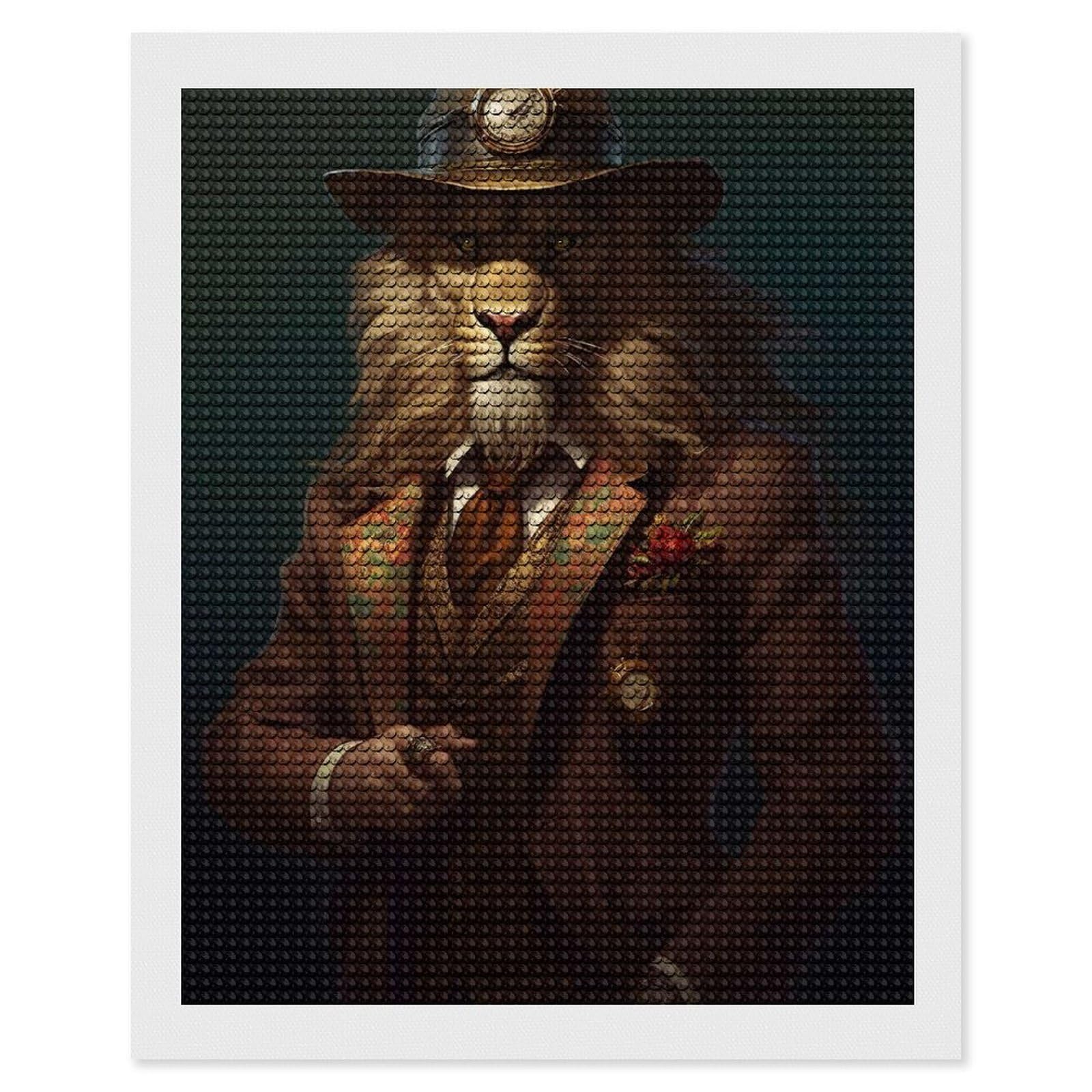 Junmoney Dapper Lion Gentleman with Clockwork Hat Diamond Painting Canvas Kit 16"x20", for Teens, Vintage Style Decor, Modern Decor, Home Wall Art, Festive Craft Gift