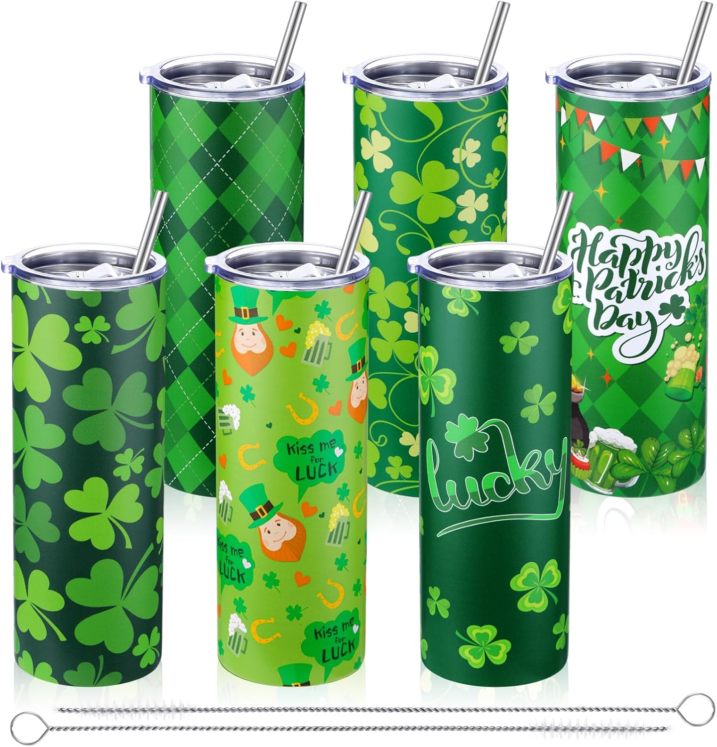 6 Pack St. Patrick Day Tumbler with Lid and Straw, 20 oz Green Irish Gift Shamrocks Cup Bulk Stainless Steel Vacuum Insulated Coffee Cups for Party Favors Supplies Holiday