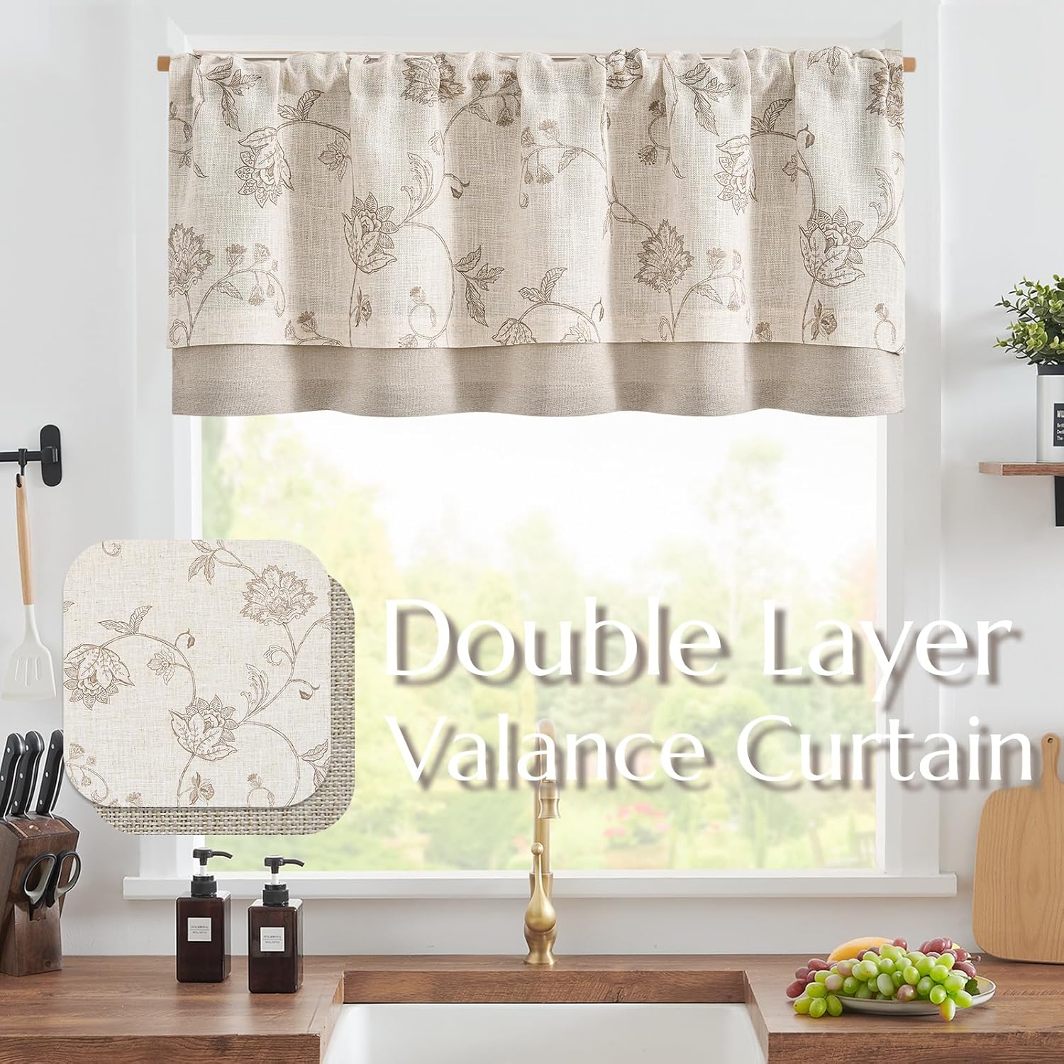 jinchan Linen Blend Rustic Floral Valance Double Layer Light Filtering Valance 18 Inch Cottagecore Farmhouse Window Treatment Decor for Kitchen Bedroom Living Room Rod Pocket 1 Panel Tan on Beige