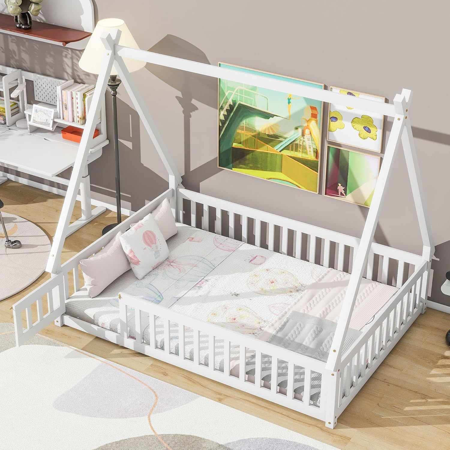 Rhomtree Full Size Wood Tent-Shaped Floor Bed with Guardrails, Slats, Door, Solid Wood Platform Bed Frame Mattress Foundation Sleigh Bed with Wood Slat Support for Teens Adults(White, Full)