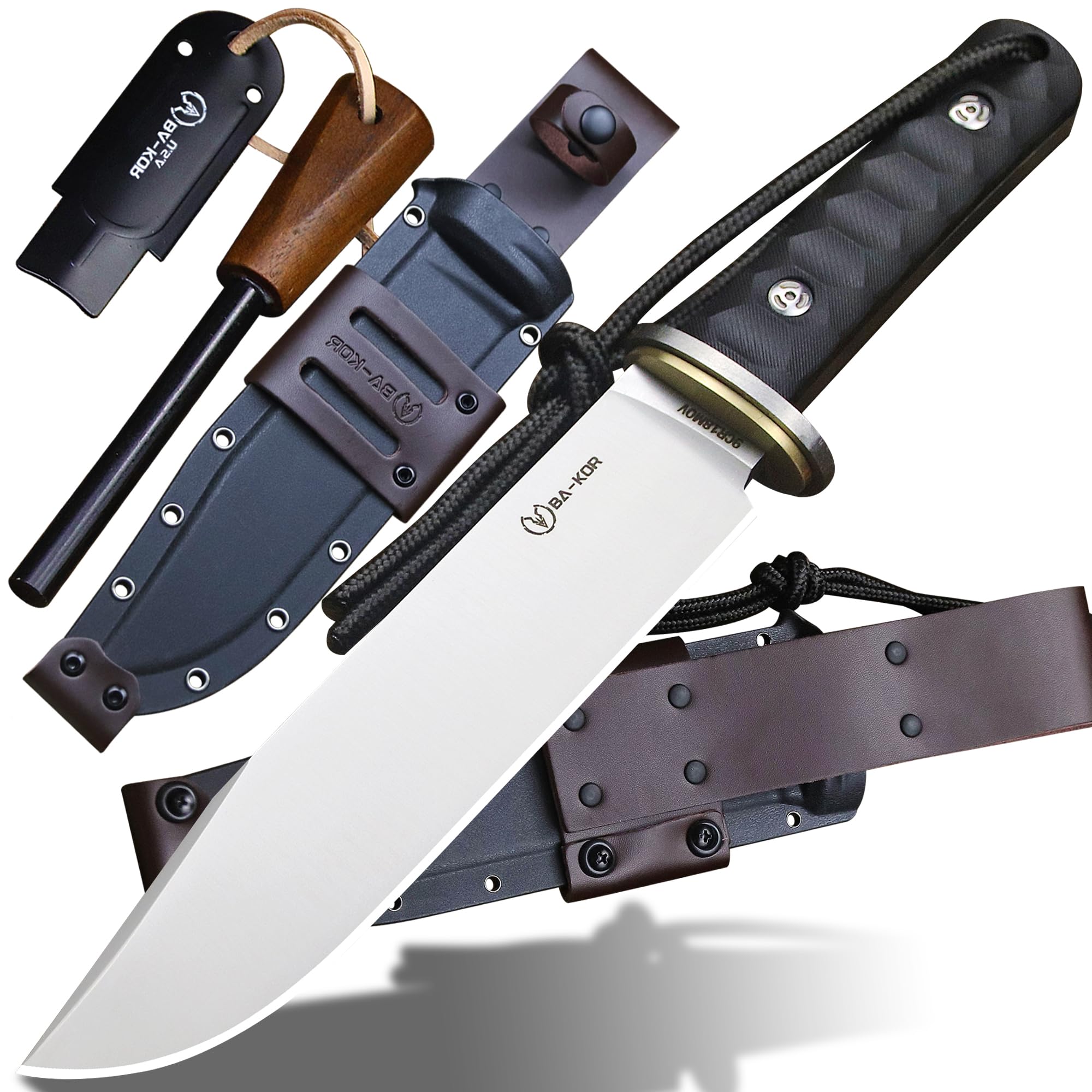 BA-KOR 13.8” Full Tang Hunting Knife, 9Cr18MoV Fixed Blade Knife with 7mm Thick Razor Sha…