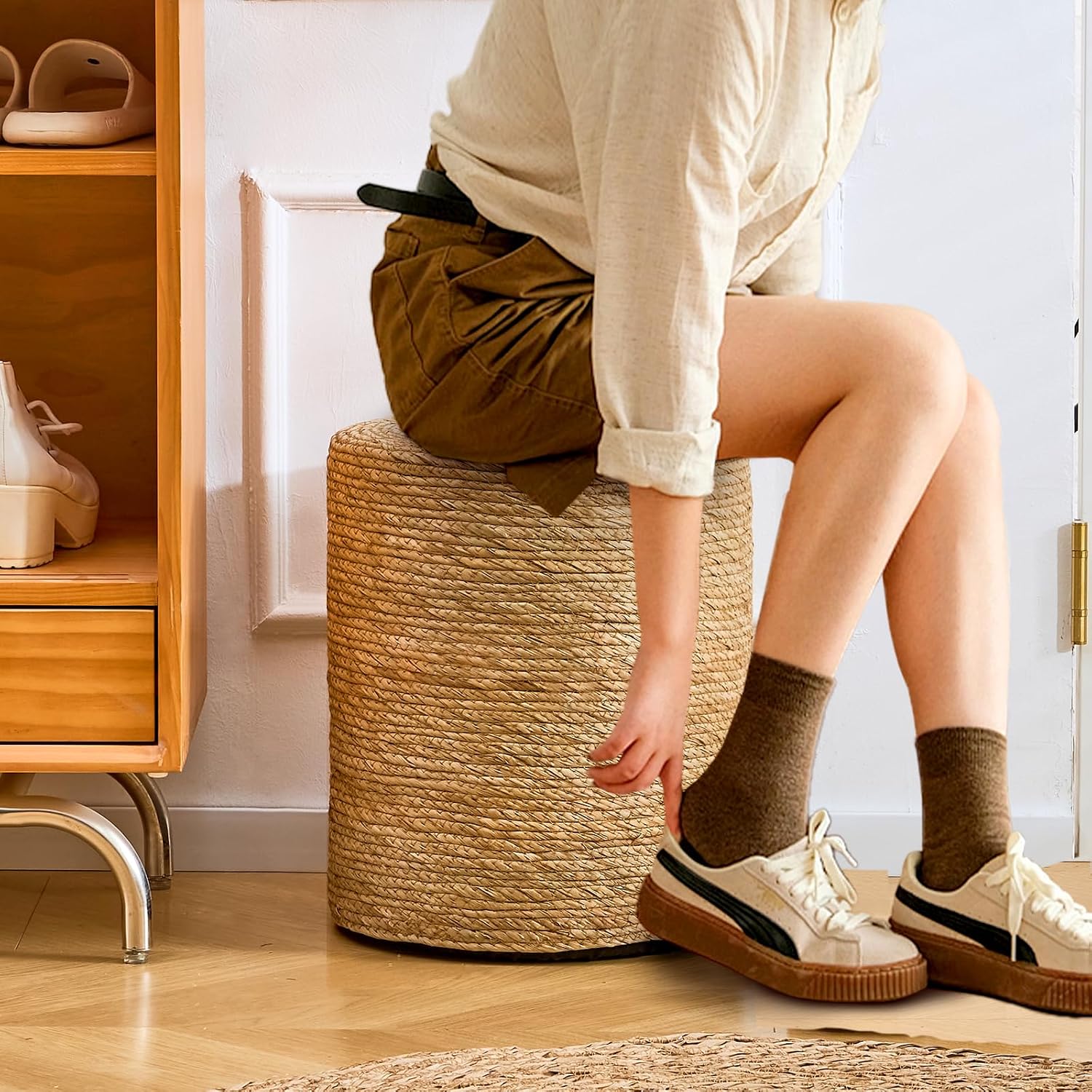 Wimarsbon Natural Seagrass Foot Stool, Hand Weaving Round Ottoman, for Living Room, Outdoor Seat (Natural)