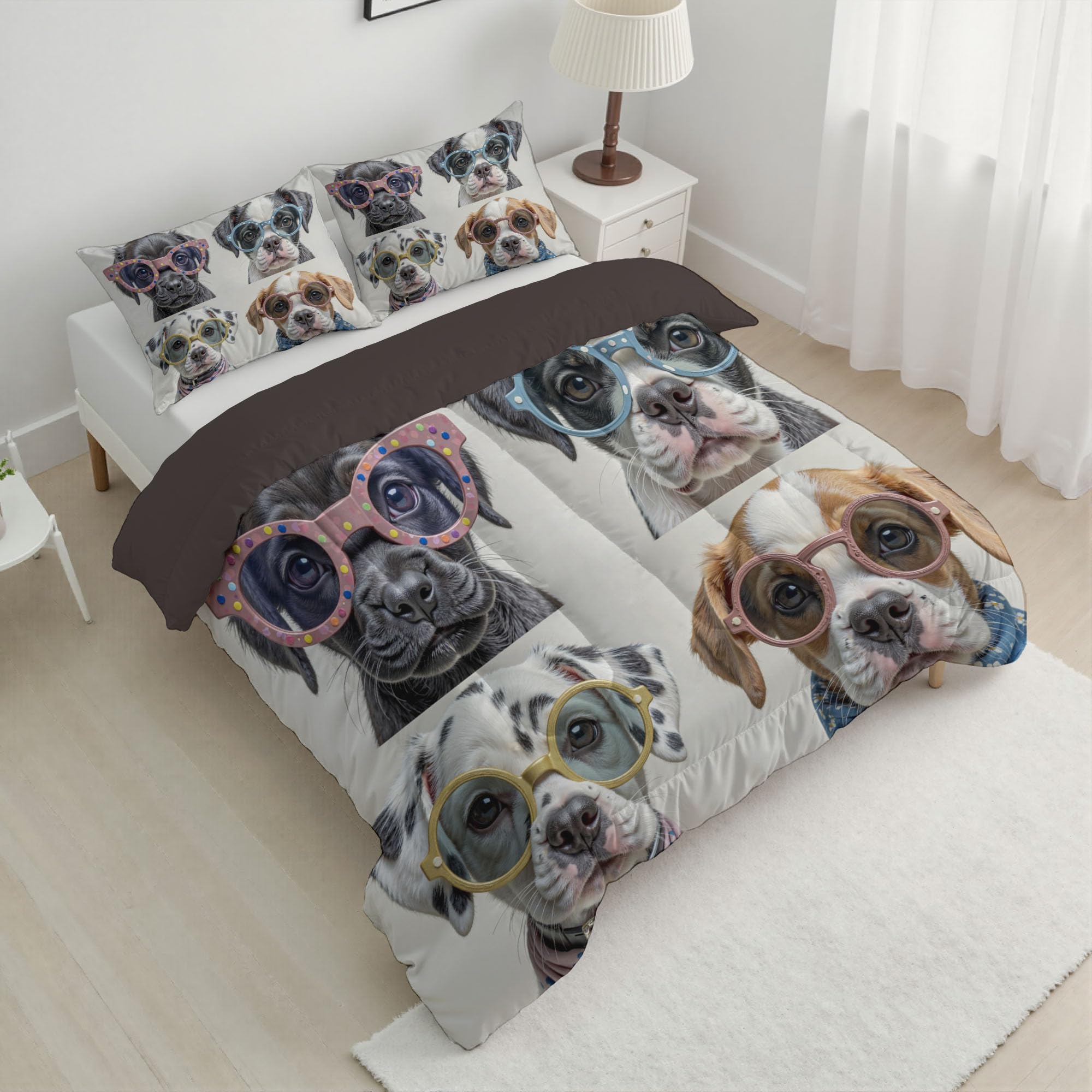 Trapunta Letto Singolo 4 Stagioni Piumone per Bambini, Cane Indossava Occhiali Sole Leggero Semplice Animale Set di Biancheria da Letto 140x200cm con 1 Federe,Piumino Lavabile In Lavatrice