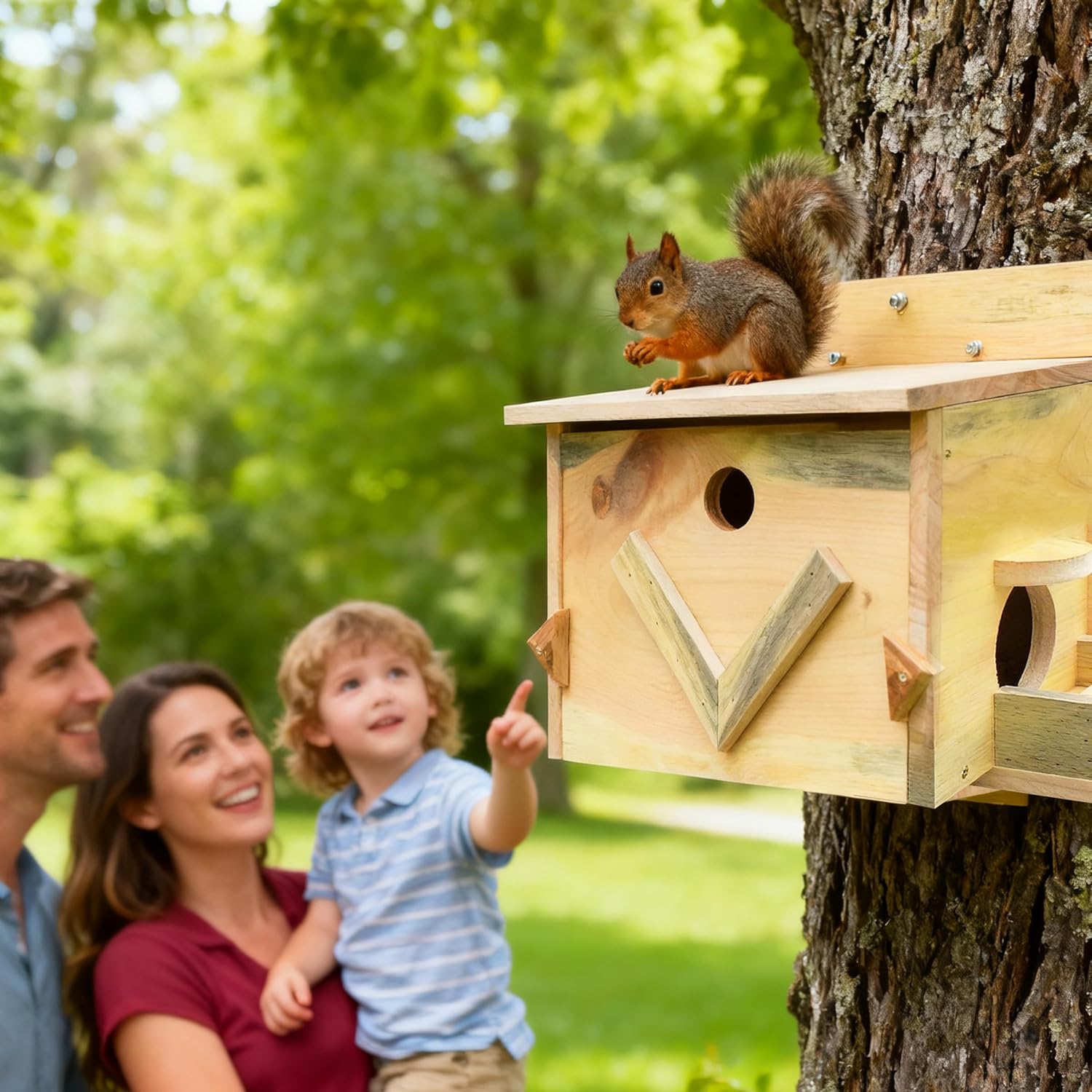 Large Solid Wood Squirrel House - Handmade All-Weather Outdoor Nesting Box to Welcome Squirrels & Chipmunks - Easy Mounting Kit for Backyard, Tree, or Fence