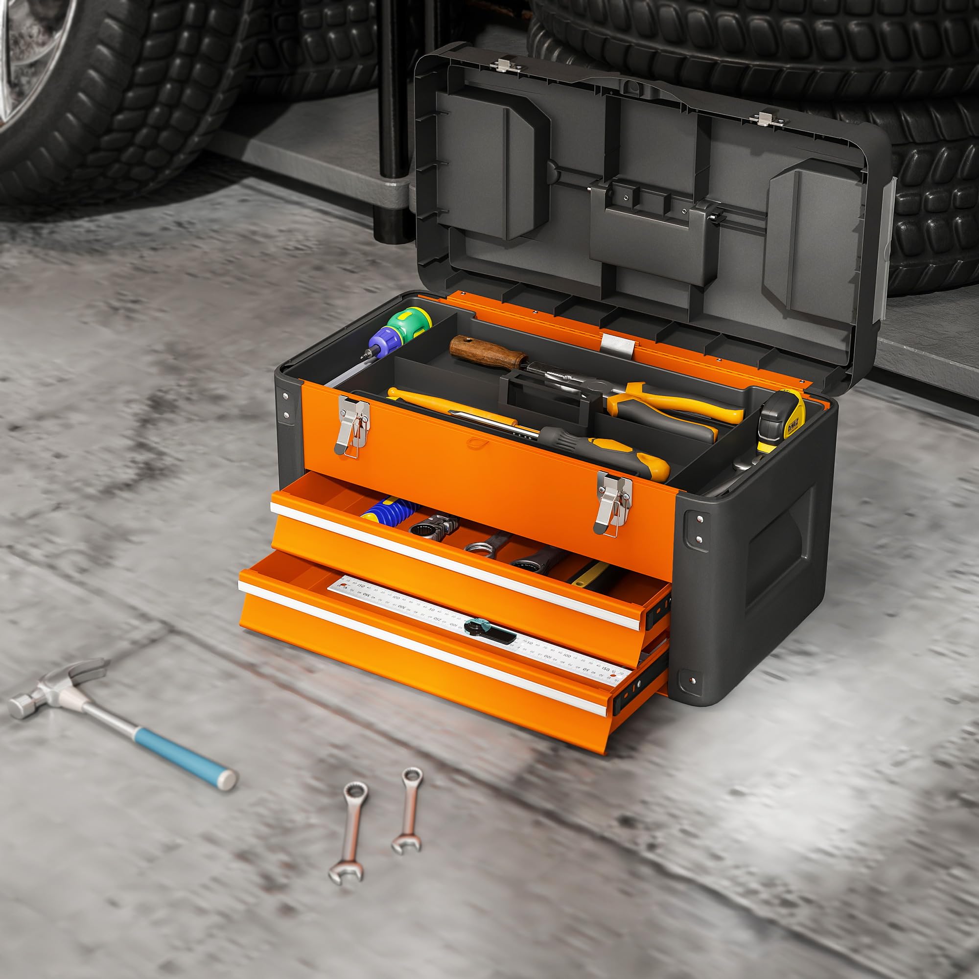 HOMCOM Caja de herramientas vacía, resistente, con 2 cajones, asa, caja de herramientas para el hogar, taller, color naranja