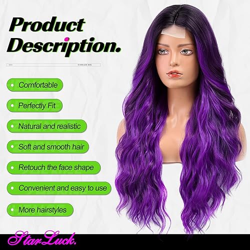 Miniatura 2 de starluck Peluca larga ondulada de color morado degradado para mujer, 26 pulgadas, parte media, peluca rizada de aspecto natural, peluca de fibra