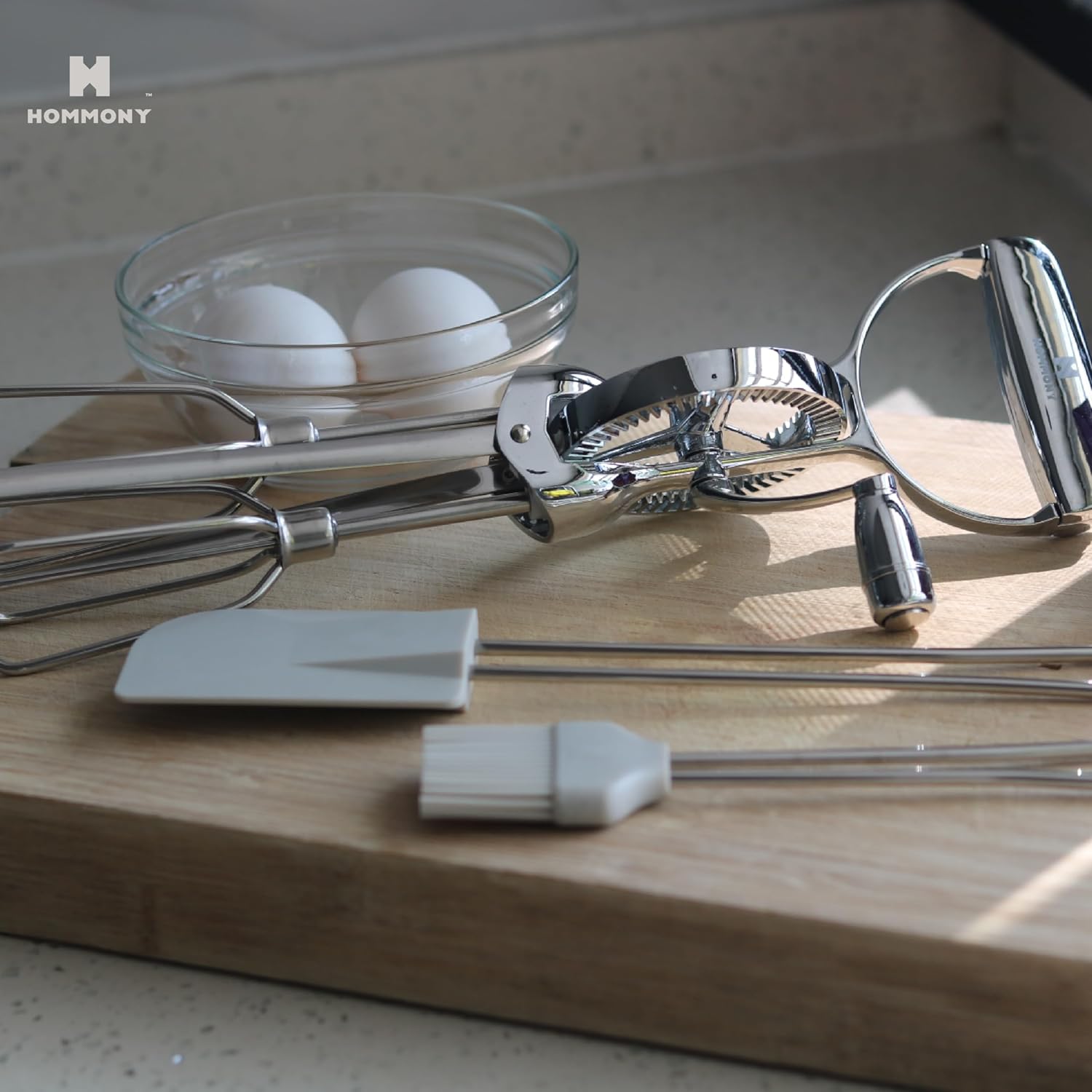 Rotary Egg Beater 12", Stainless Steel Baking Set with Silicone Spatula and Basting Pastry Brush