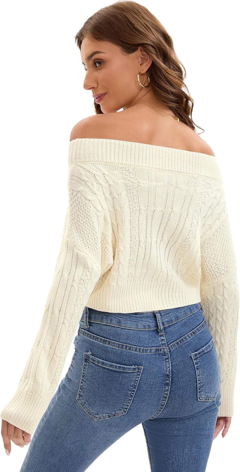 Womens Off Shoulder Sweater Cable Knit Cropped Sweaters Batwing Long Sleeve Pullover Tops Fall Fashion Outfit - Image 4
