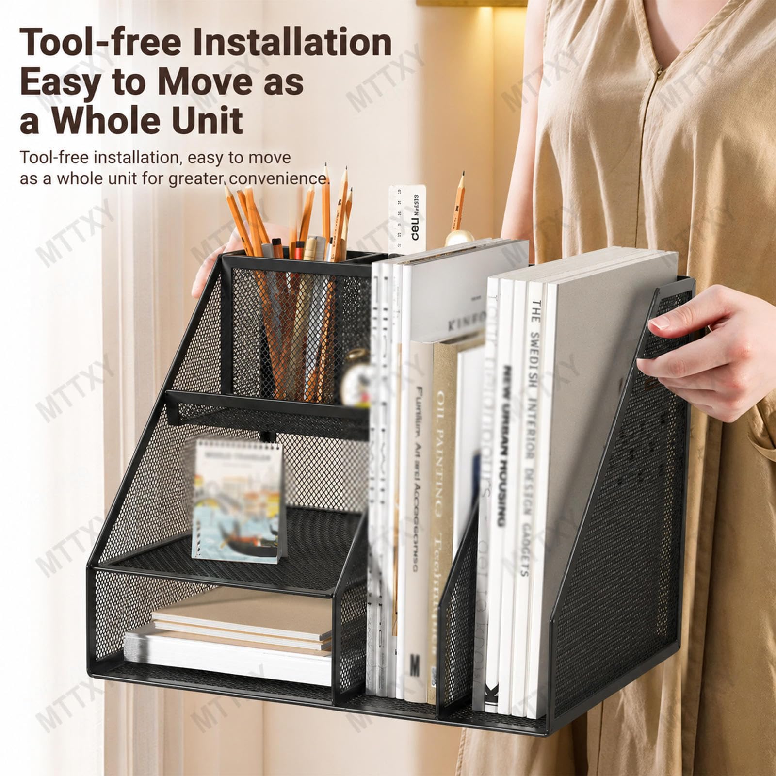 Metall Schreibtisch Organizer mit 2 Aktenfächern und Stiftehaltern | Multifunktional (Stifthalter + Aufbewahrungskorb + Dokumentenhalter)